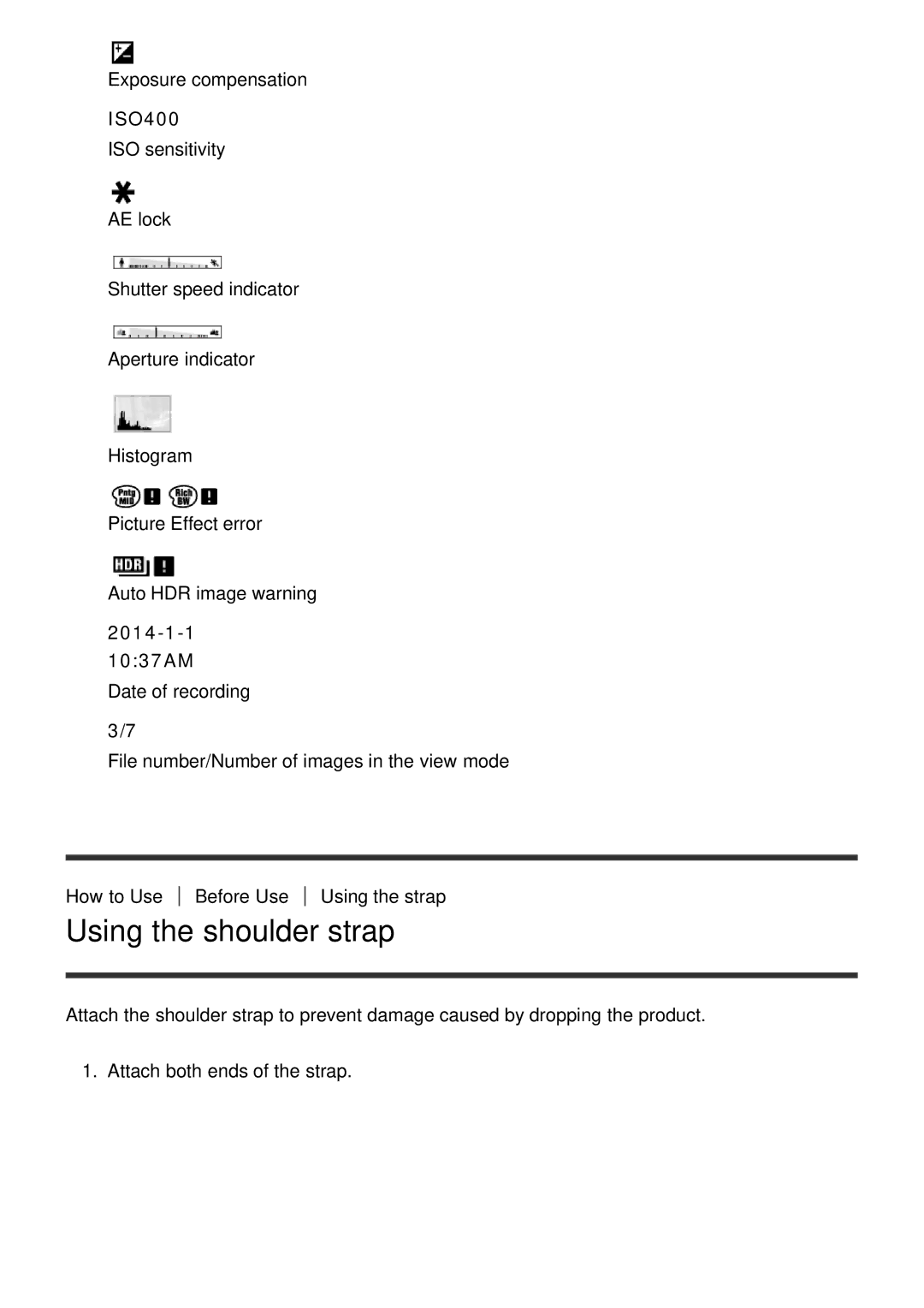 Sony ILCE-5000 manual Using the shoulder strap, ISO400, 2014-1-1 1037AM 