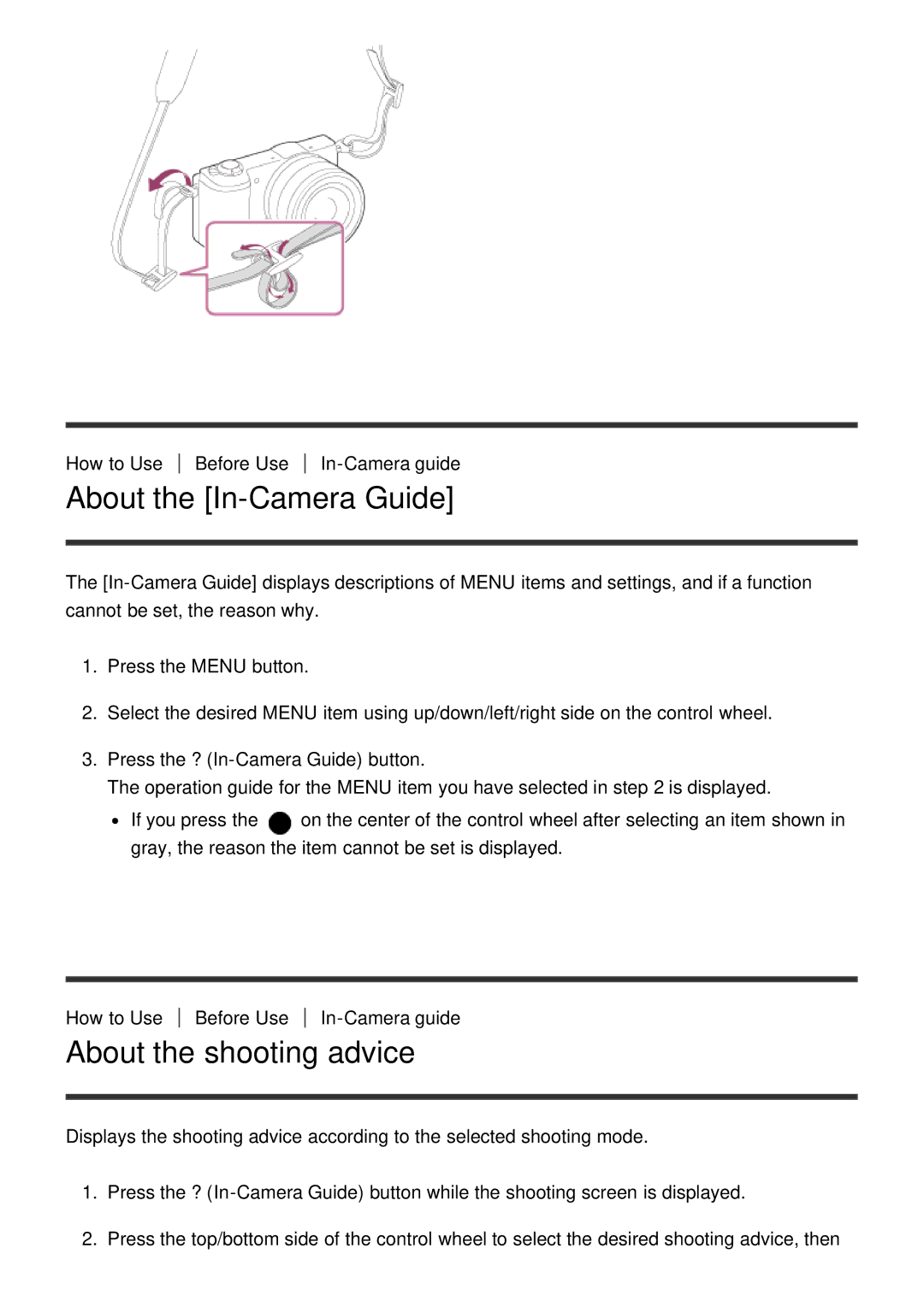 Sony ILCE-5000 manual About the In-Camera Guide, About the shooting advice 