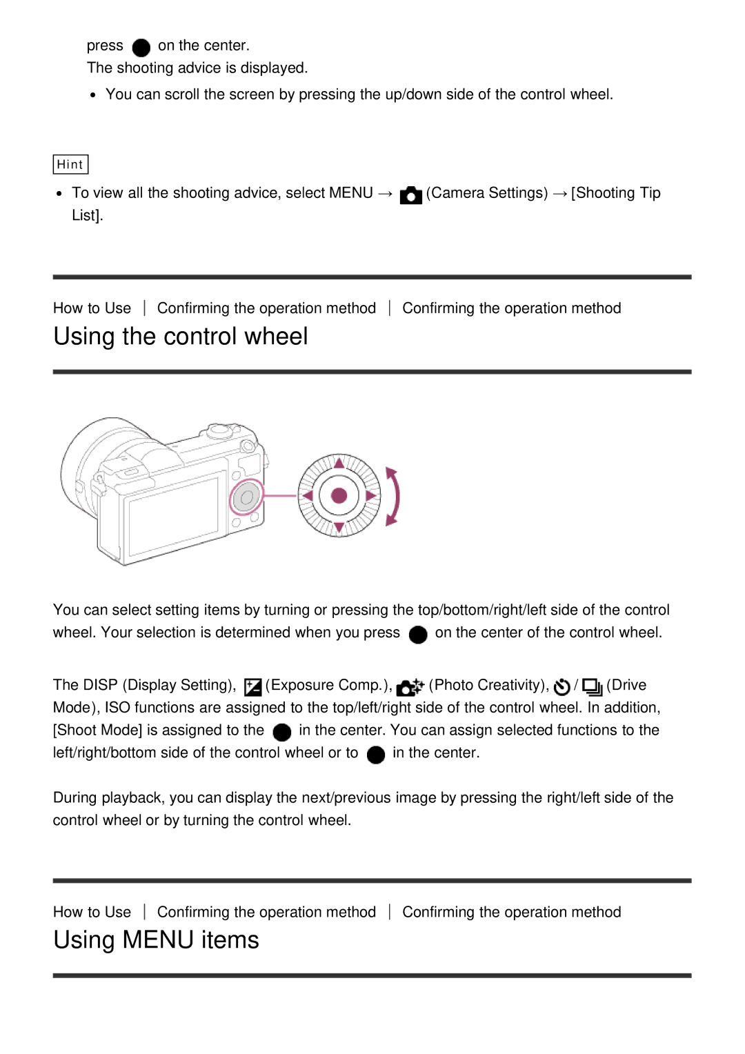 Sony ILCE-5000 manual Using the control wheel, Using Menu items 