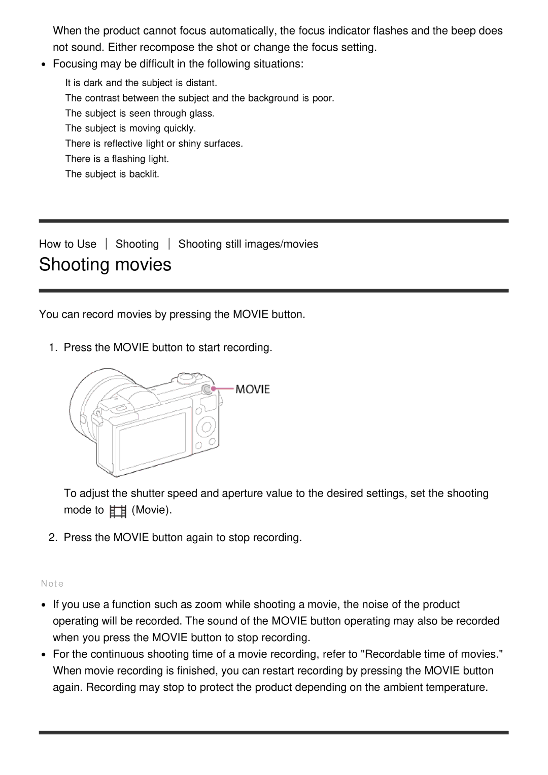 Sony ILCE-5000 manual Shooting movies 