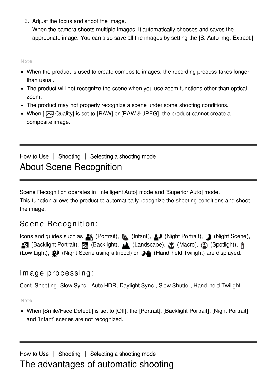 Sony ILCE-5000 manual About Scene Recognition, Advantages of automatic shooting, Image processing 