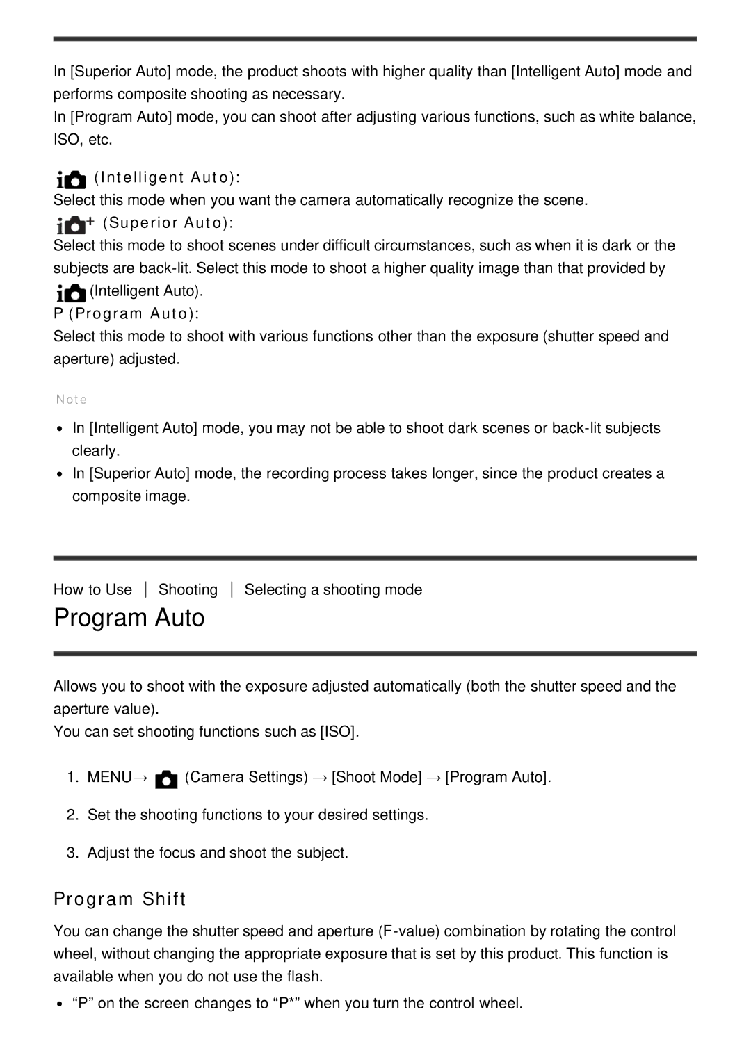 Sony ILCE-5000 manual Program Auto, Program Shift 