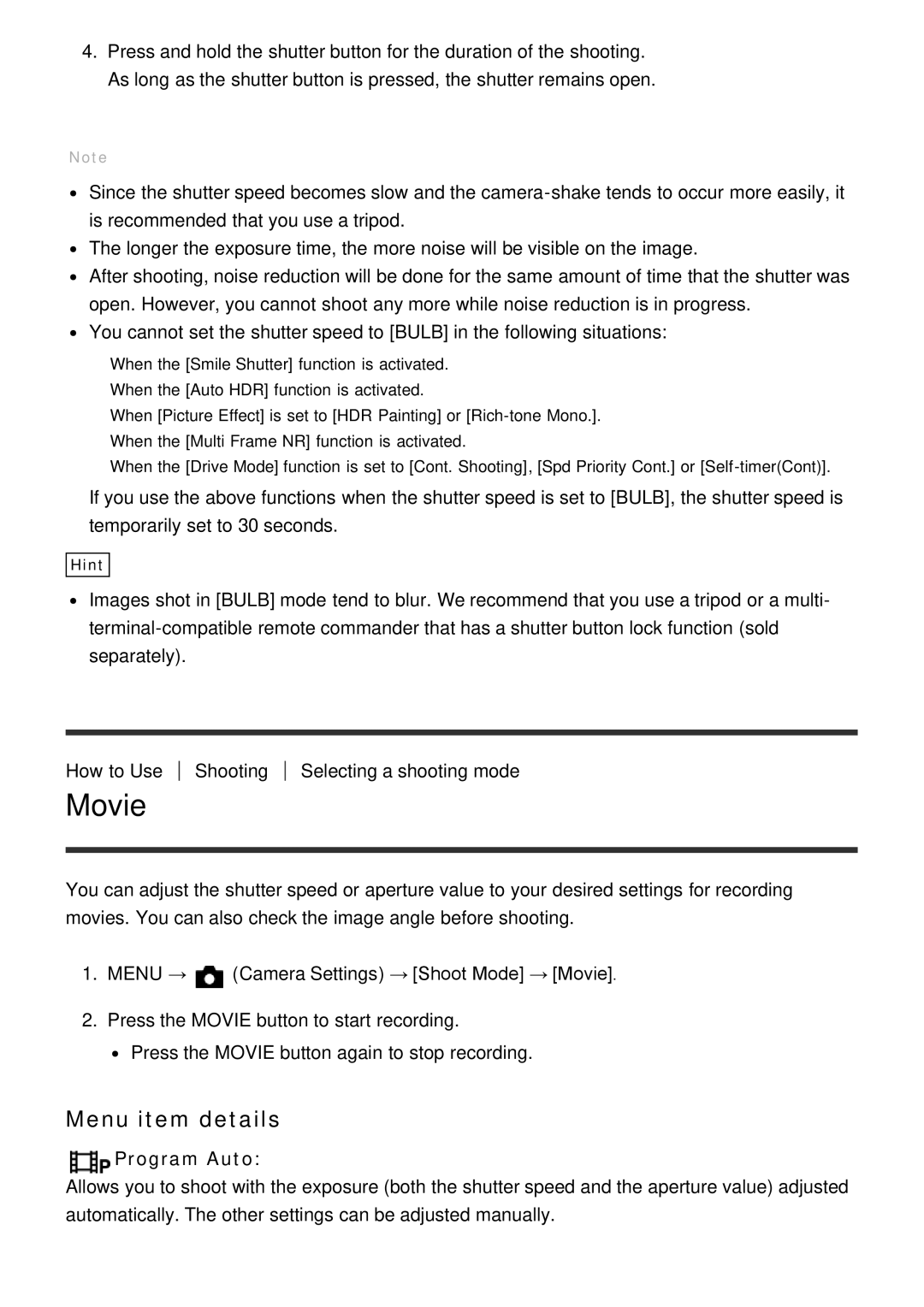 Sony ILCE-5000 manual Movie, Menu item details 