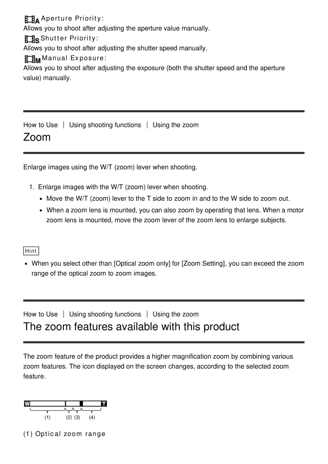 Sony ILCE-5000 manual Zoom features available with this product, Optical zoom range 