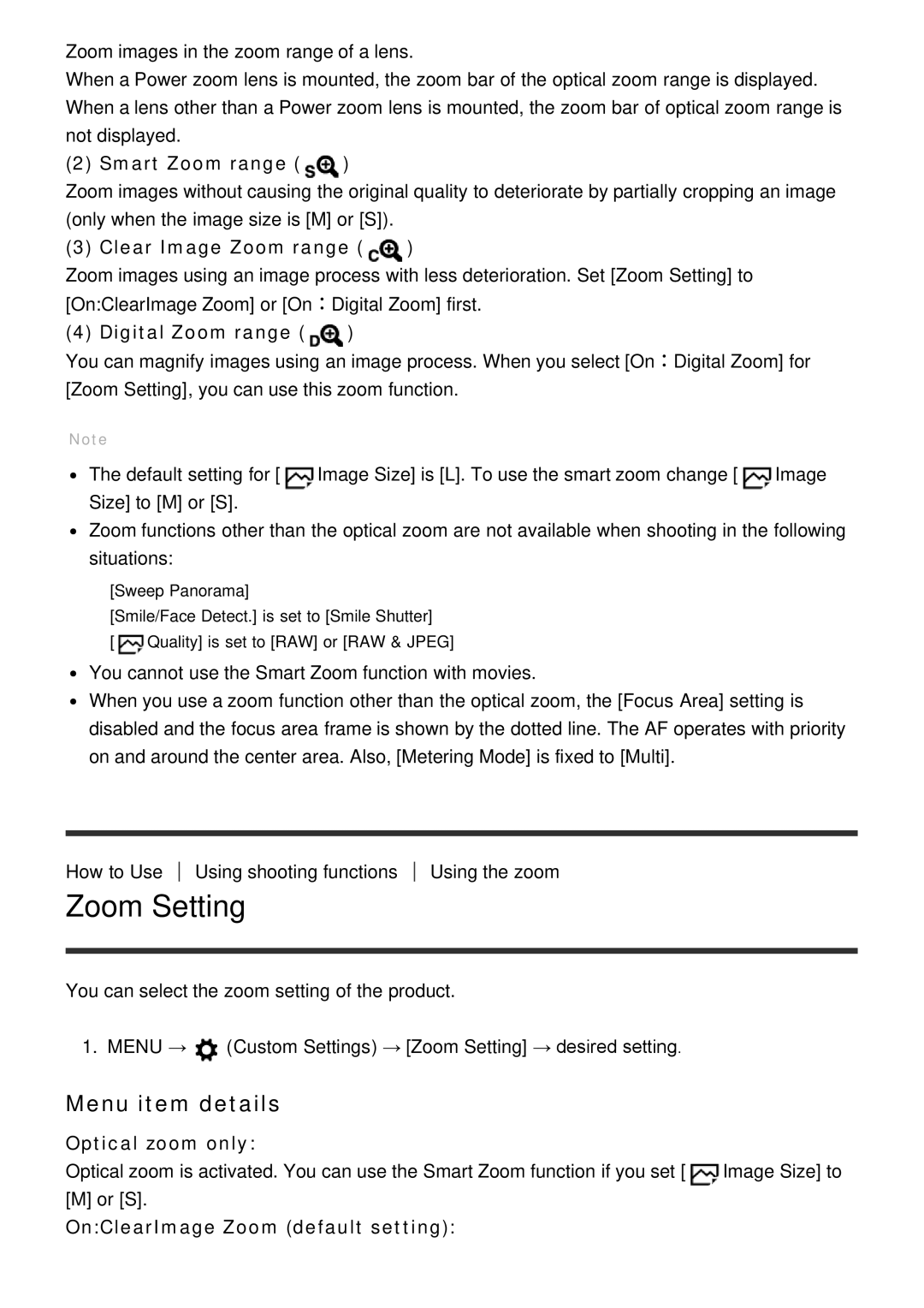 Sony ILCE-5000 manual Zoom Setting 