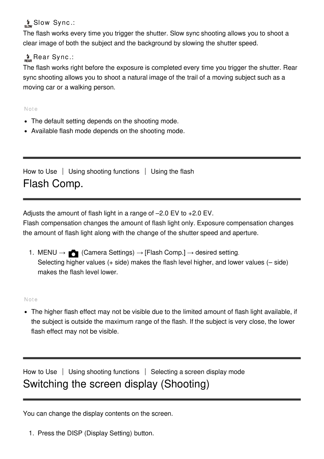 Sony ILCE-5000 manual Flash Comp, Switching the screen display Shooting, Slow Sync, Rear Sync 