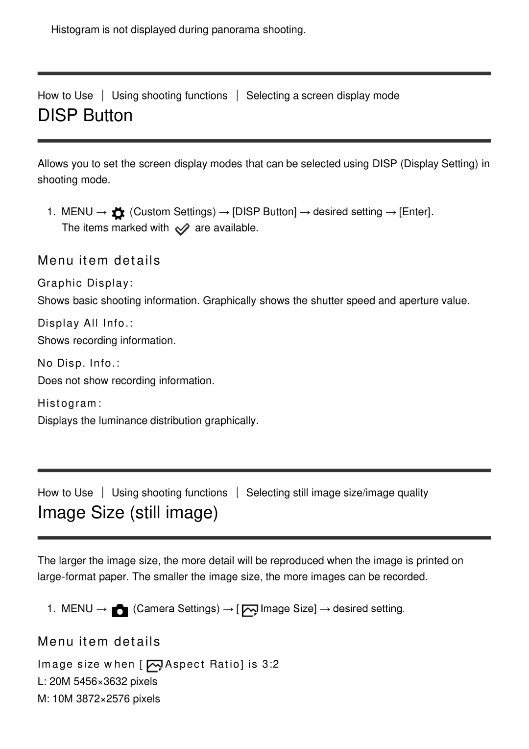 Sony ILCE-5000 manual Disp Button, Image Size still image 