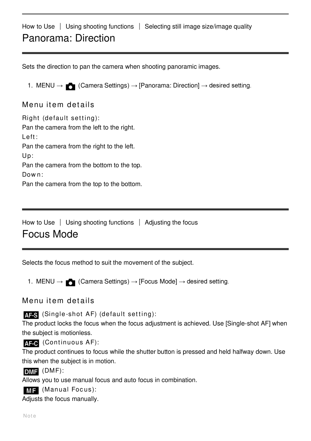 Sony ILCE-5000 manual Panorama Direction, Focus Mode 