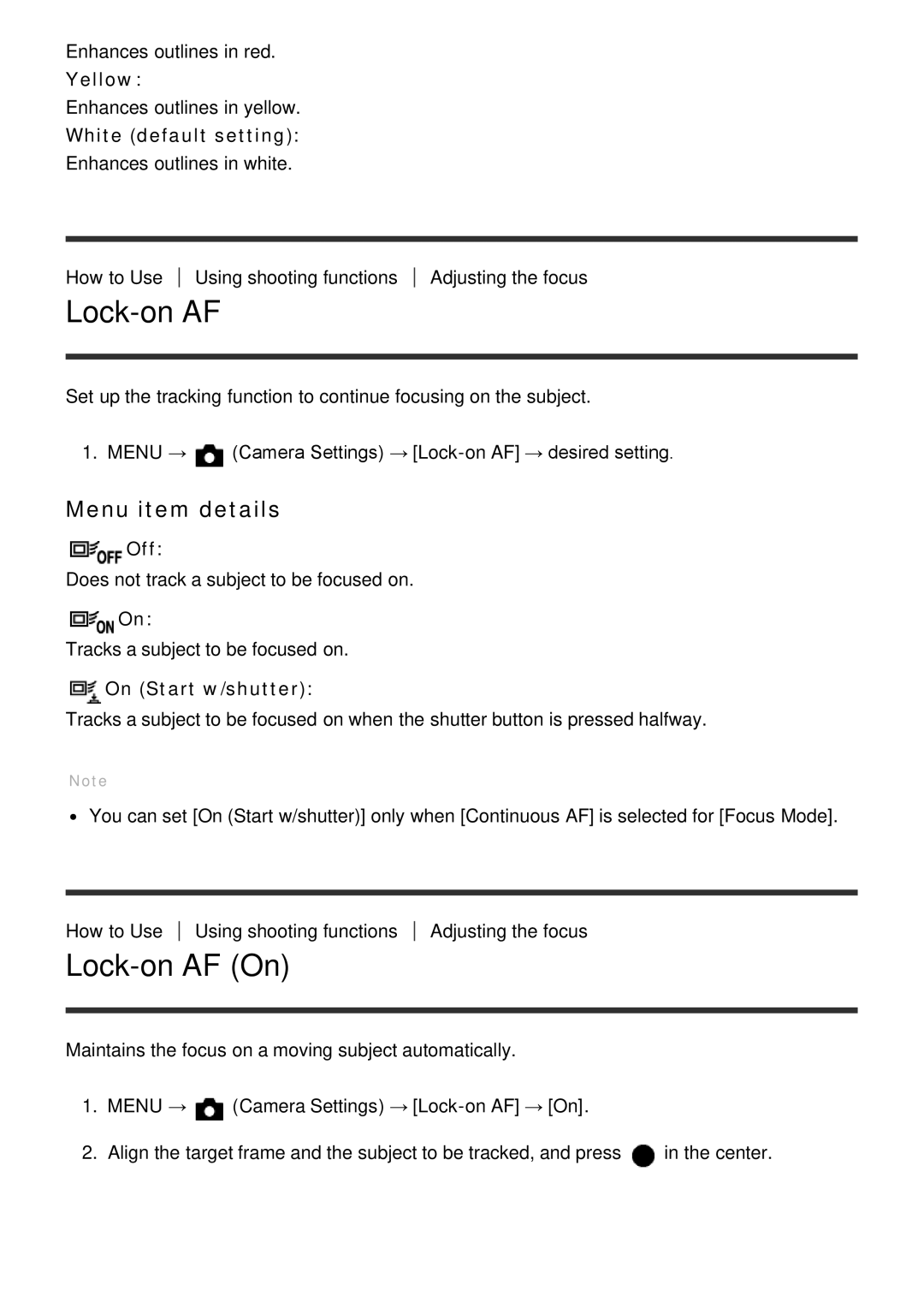 Sony ILCE-5000 manual Lock-on AF On, Yellow, Off, On Start w/shutter 