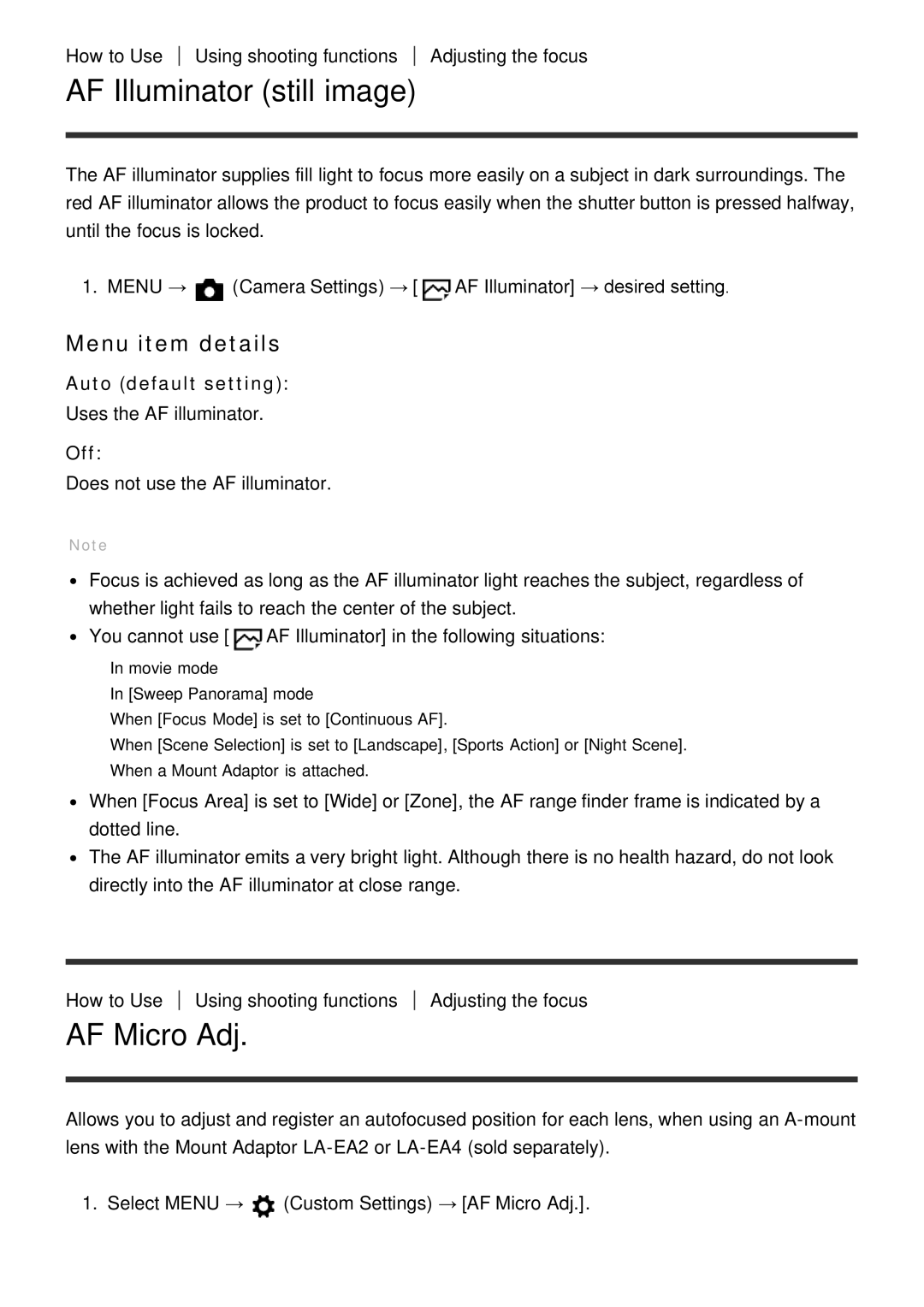 Sony ILCE-5000 manual AF Illuminator still image, AF Micro Adj, Auto default setting 