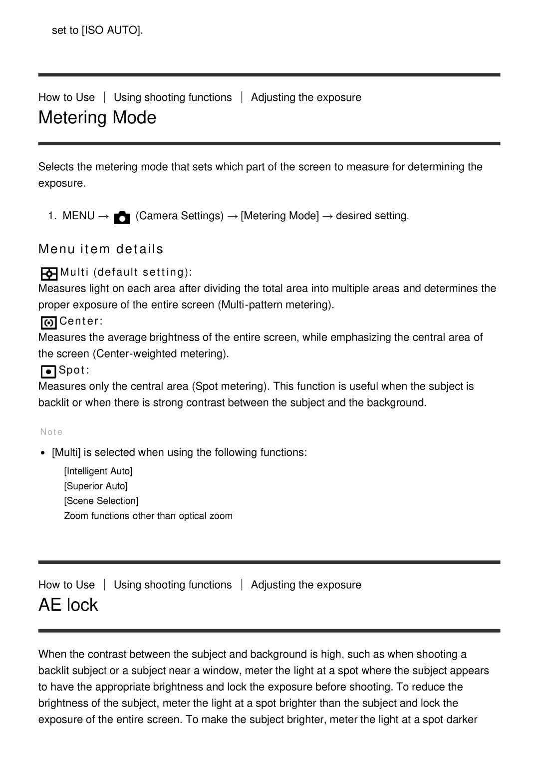 Sony ILCE-5000 manual Metering Mode, AE lock, Multi default setting, Spot 