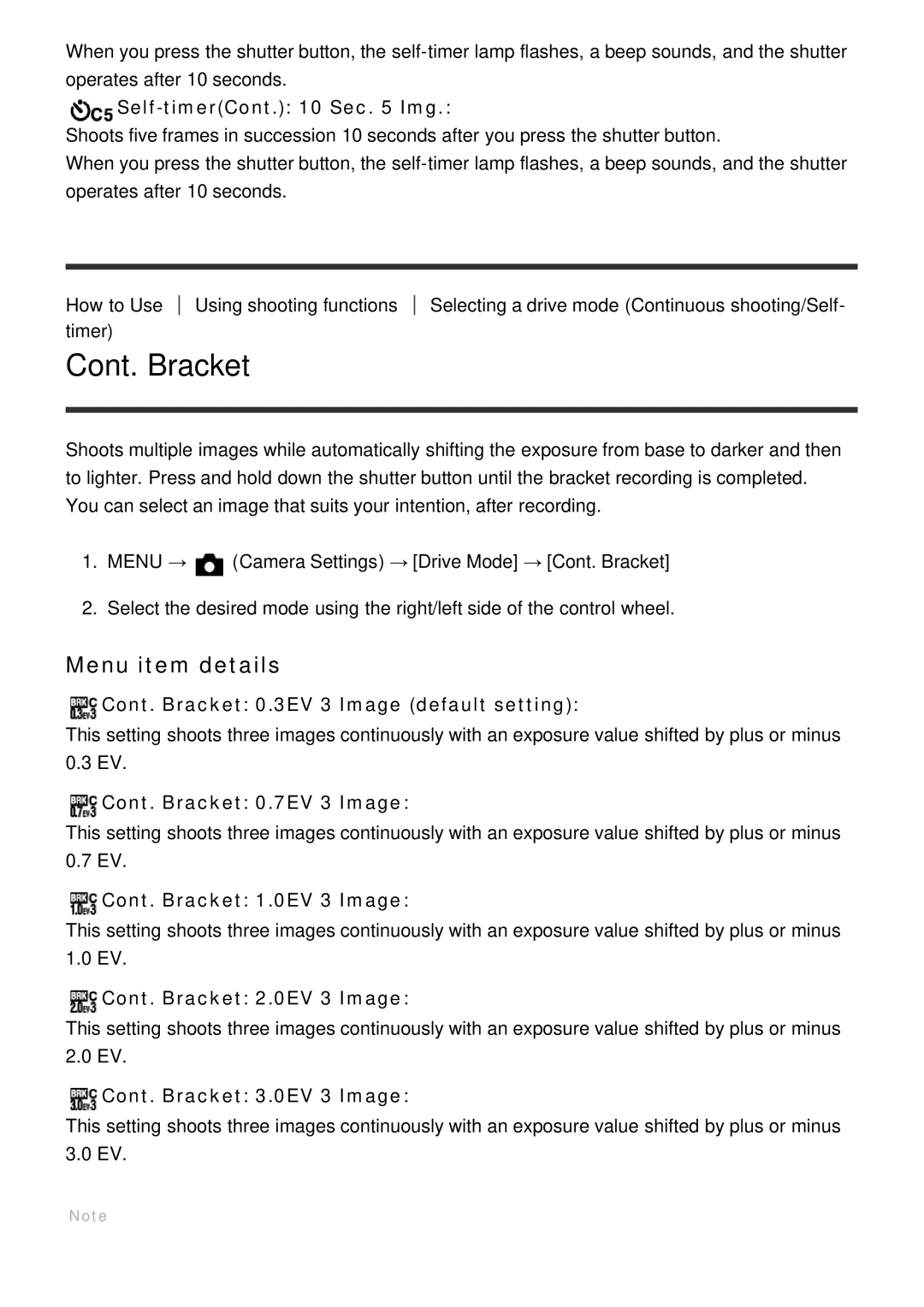 Sony ILCE-5000 manual Cont. Bracket 