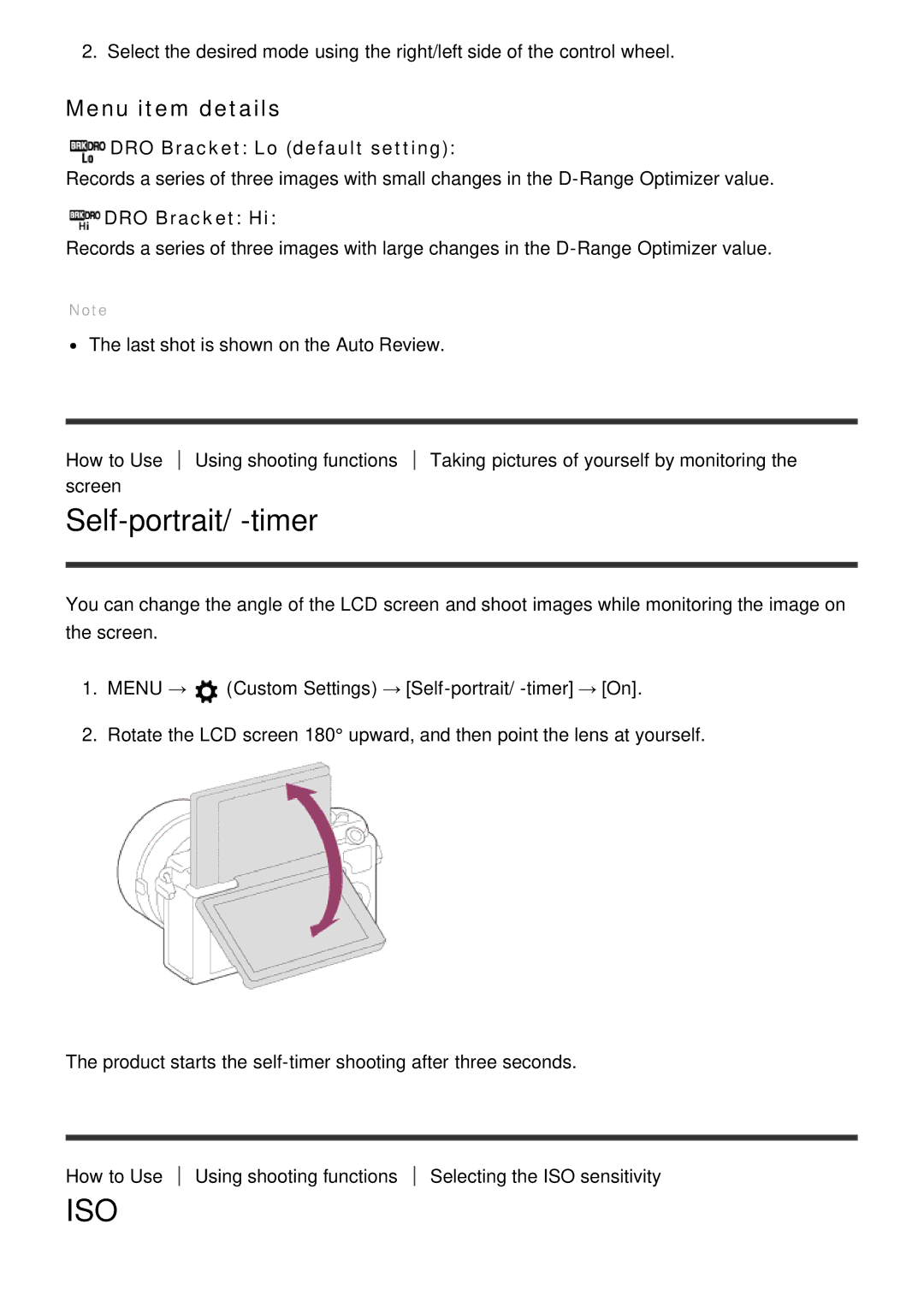 Sony ILCE-5000 manual Self-portrait/ -timer, DRO Bracket Lo default setting, DRO Bracket Hi 