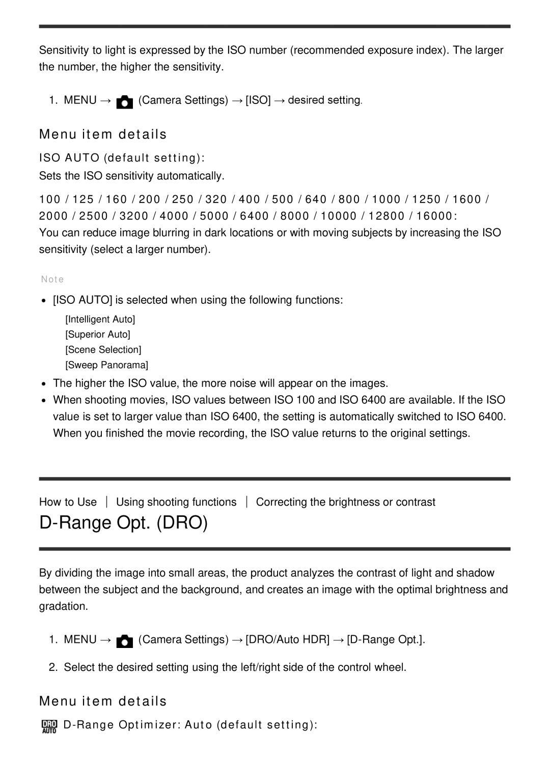 Sony ILCE-5000 manual Range Opt. DRO, ISO Auto default setting, Range Optimizer Auto default setting 