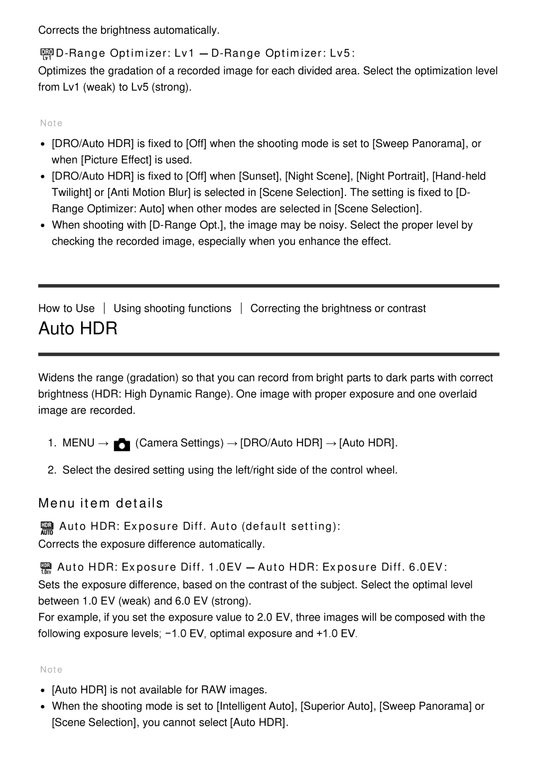 Sony ILCE-5000 manual Range Optimizer Lv1 ― D-Range Optimizer Lv5, Auto HDR Exposure Diff. Auto default setting 