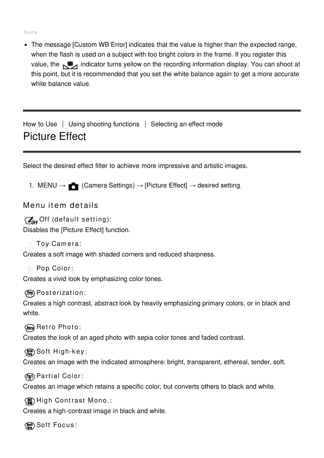 Sony ILCE-5000 manual Picture Effect 