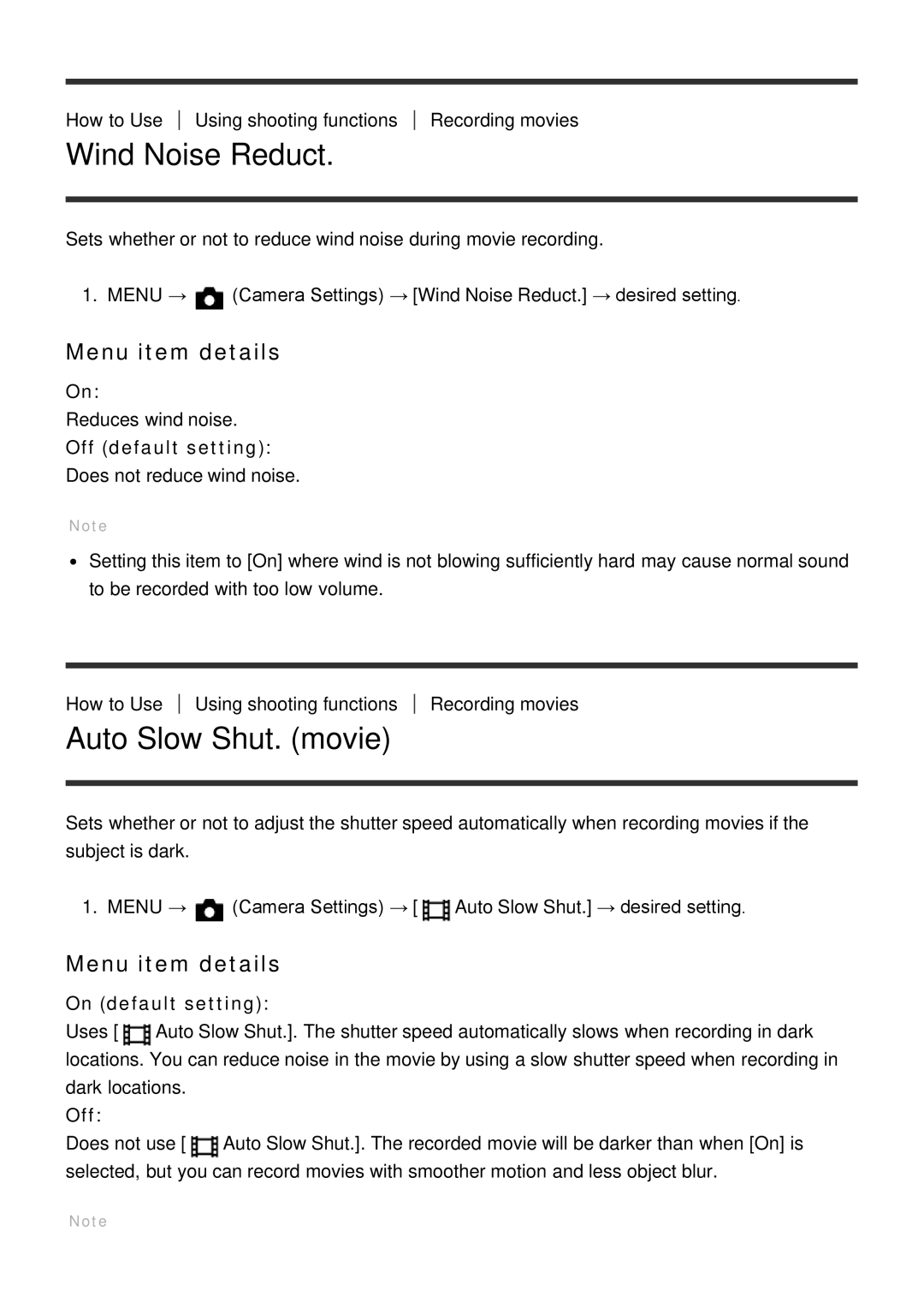 Sony ILCE-5000 manual Wind Noise Reduct, Auto Slow Shut. movie 