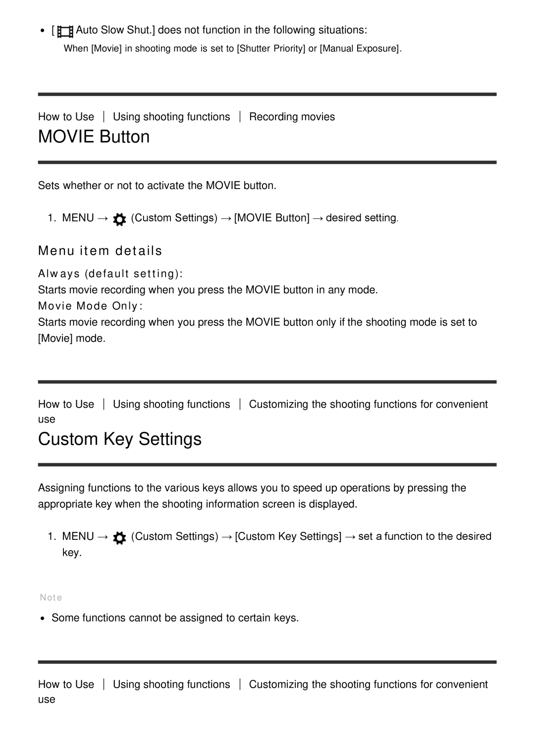 Sony ILCE-5000 manual Movie Button, Custom Key Settings, Always default setting, Movie Mode Only 