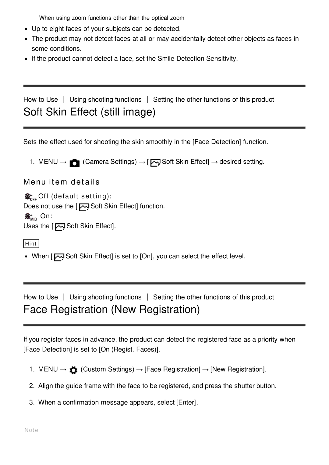 Sony ILCE-5000 manual Soft Skin Effect still image, Face Registration New Registration 