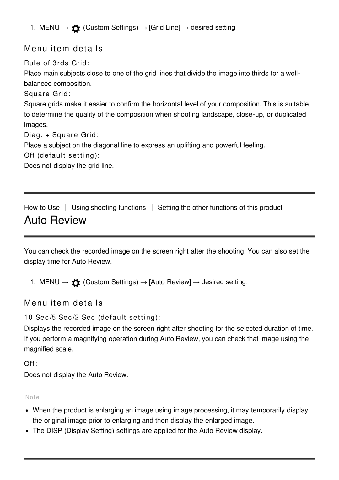 Sony ILCE-5000 manual Auto Review, Rule of 3rds Grid, Diag. + Square Grid, 10 Sec/5 Sec/2 Sec default setting 