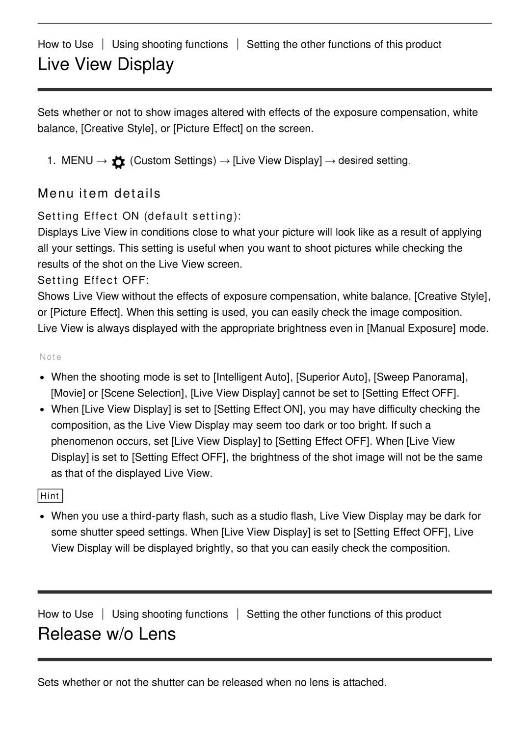 Sony ILCE-5000 manual Live View Display, Release w/o Lens, Setting Effect on default setting, Setting Effect OFF 