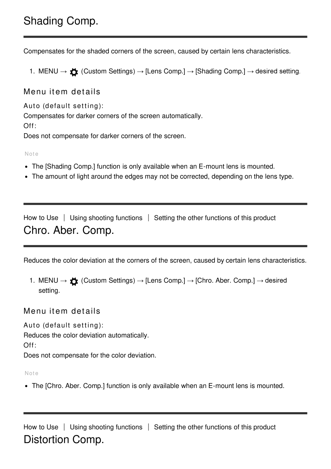 Sony ILCE-5000 manual Shading Comp, Chro. Aber. Comp, Distortion Comp 