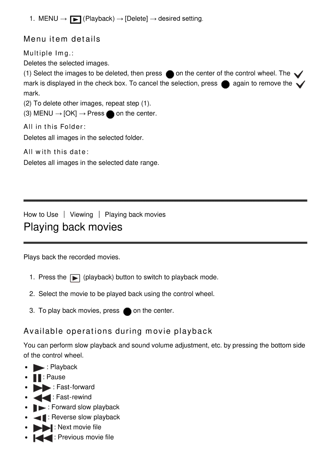 Sony ILCE-5000 manual Playing back movies, Available operations during movie playback, Multiple Img, All in this Folder 