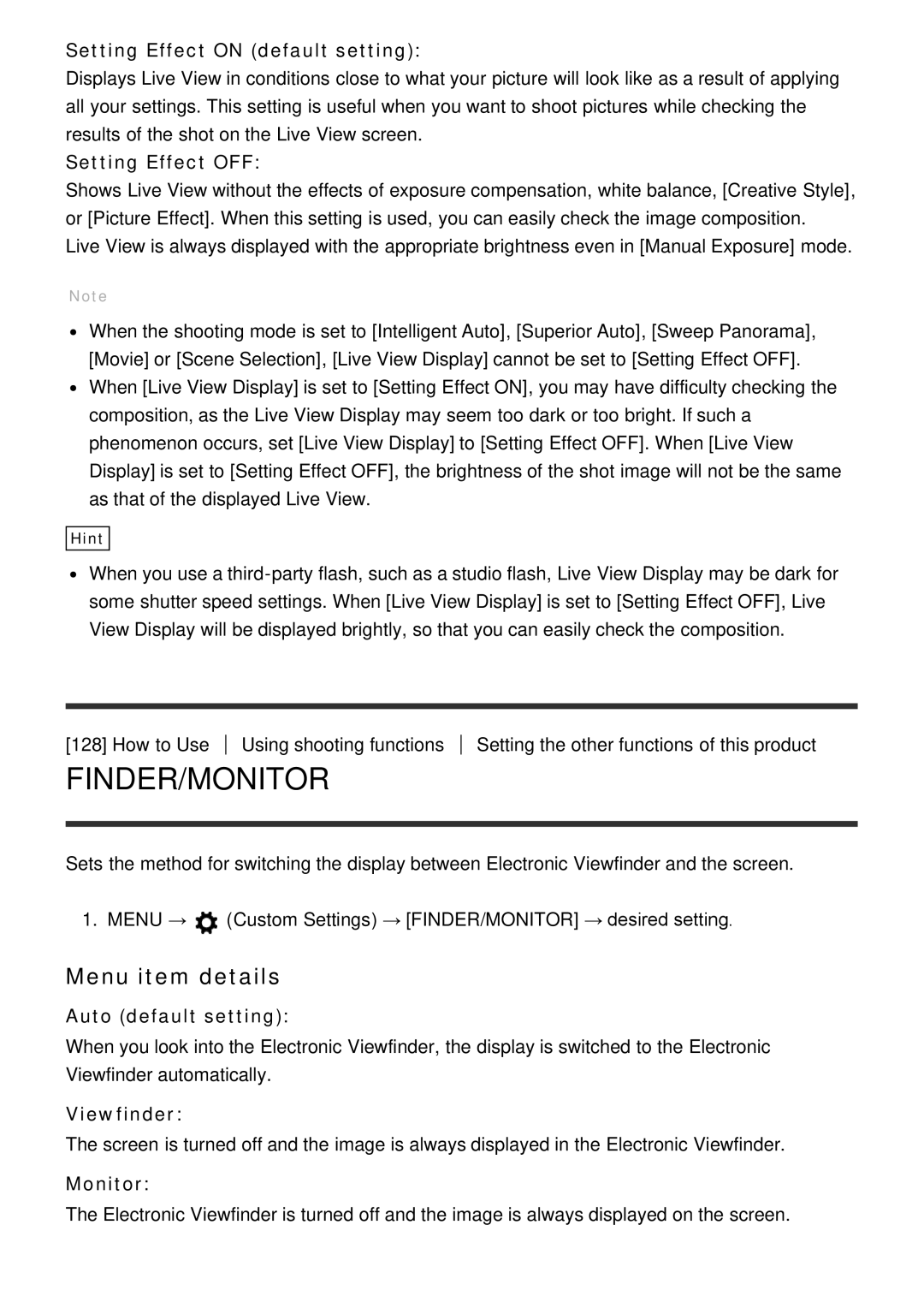 Sony ILCE6000LB, ILCE6000B manual Setting Effect on default setting, Setting Effect OFF, Viewfinder, Monitor 