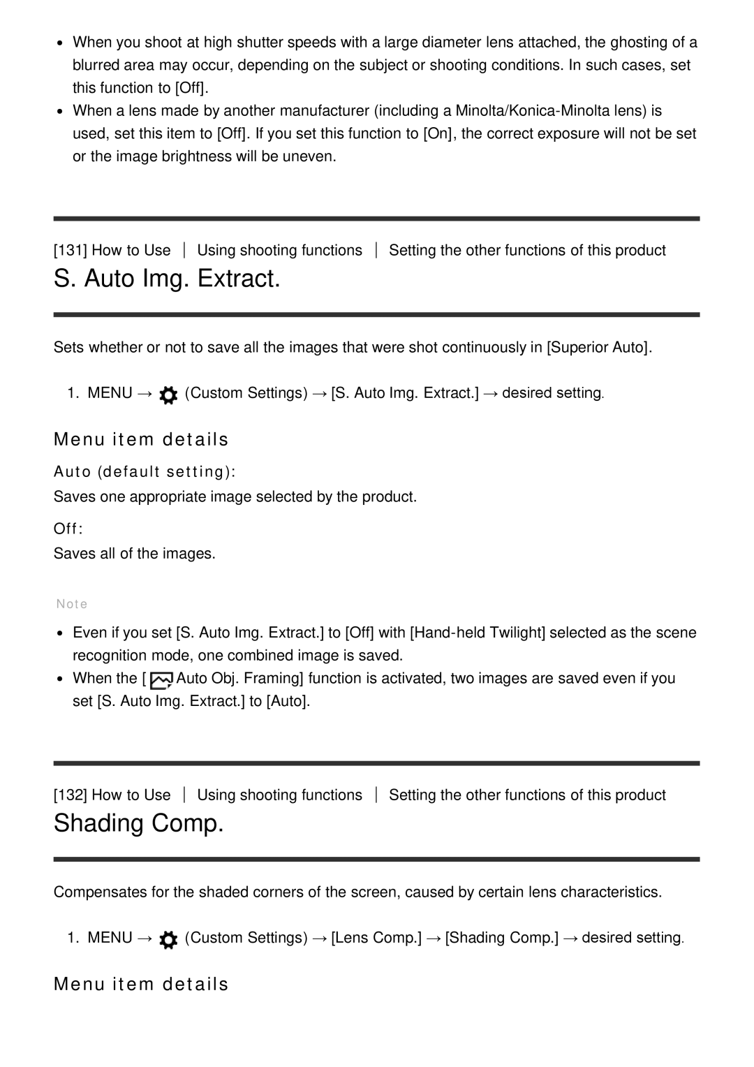 Sony ILCE6000LB, ILCE6000B manual Auto Img. Extract, Shading Comp 