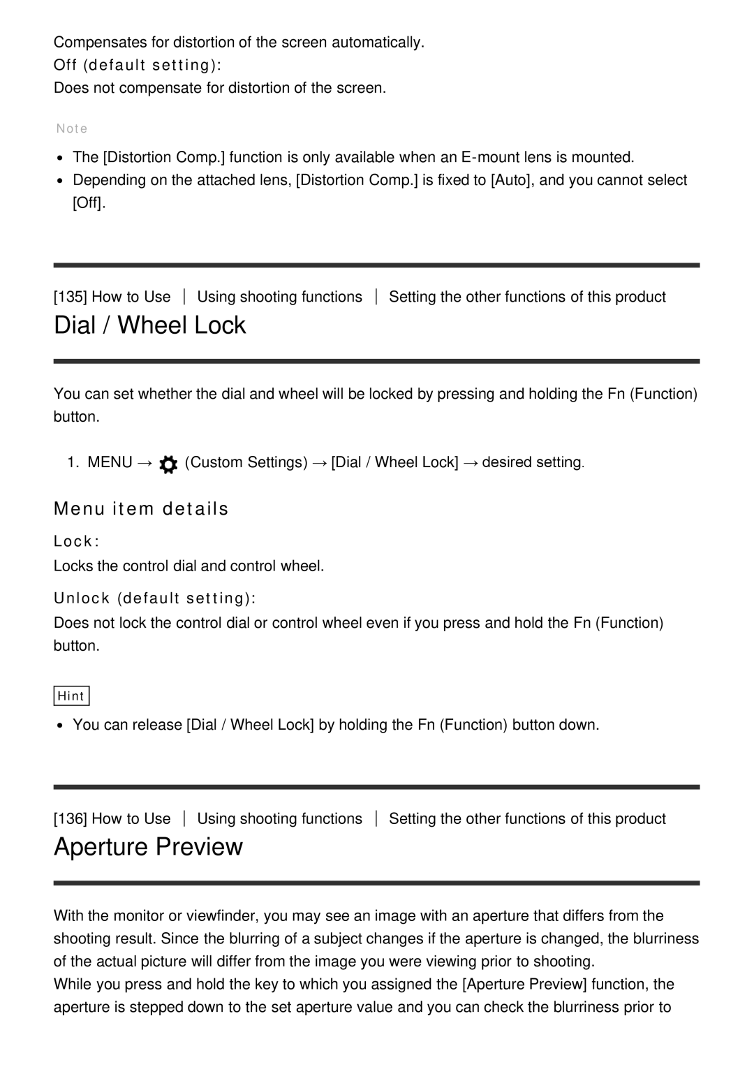Sony ILCE6000LB, ILCE6000B manual Dial / Wheel Lock, Aperture Preview, Unlock default setting 