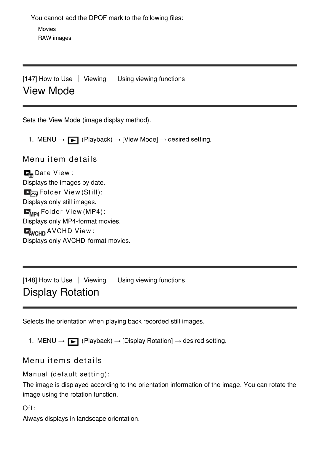 Sony ILCE6000B, ILCE6000LB manual View Mode, Display Rotation 