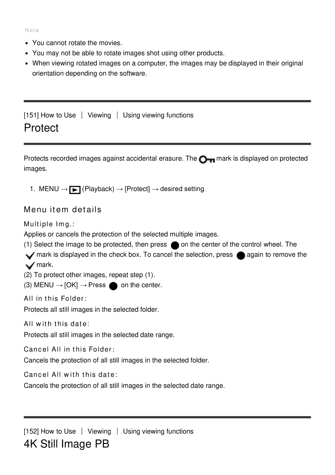 Sony ILCE6000B, ILCE6000LB manual Protect, 4K Still Image PB, Cancel All in this Folder, Cancel All with this date 