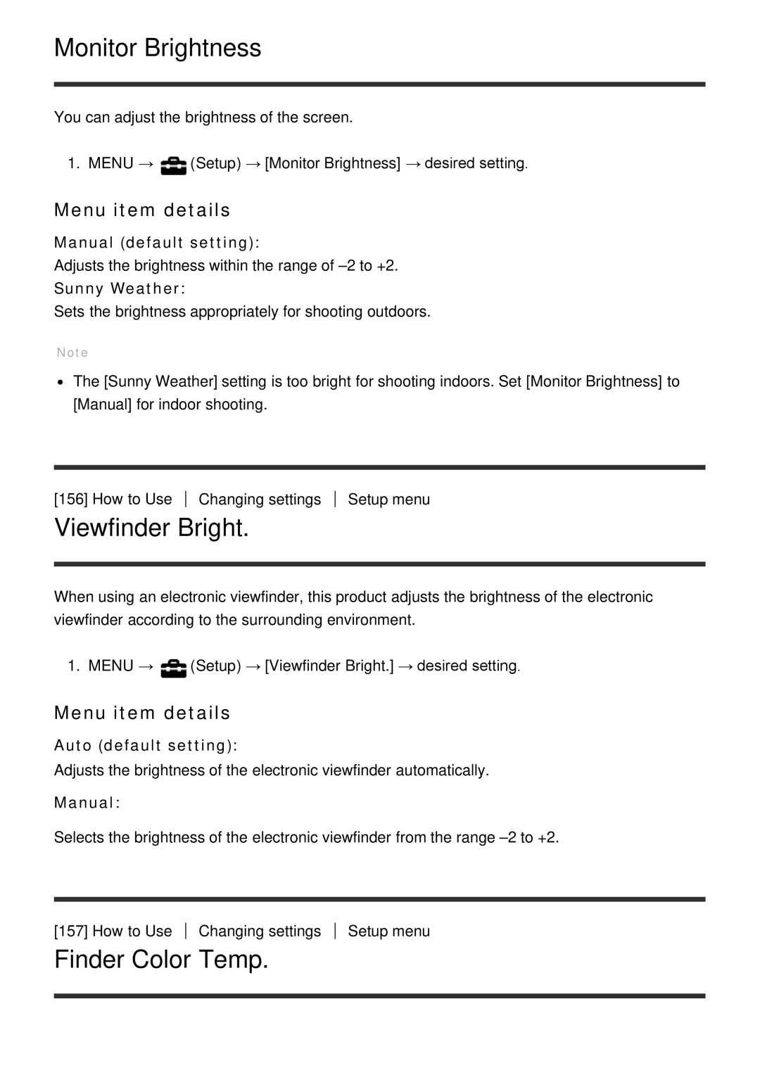 Sony ILCE6000B, ILCE6000LB manual Monitor Brightness, Viewfinder Bright, Finder Color Temp, Sunny Weather, Manual 