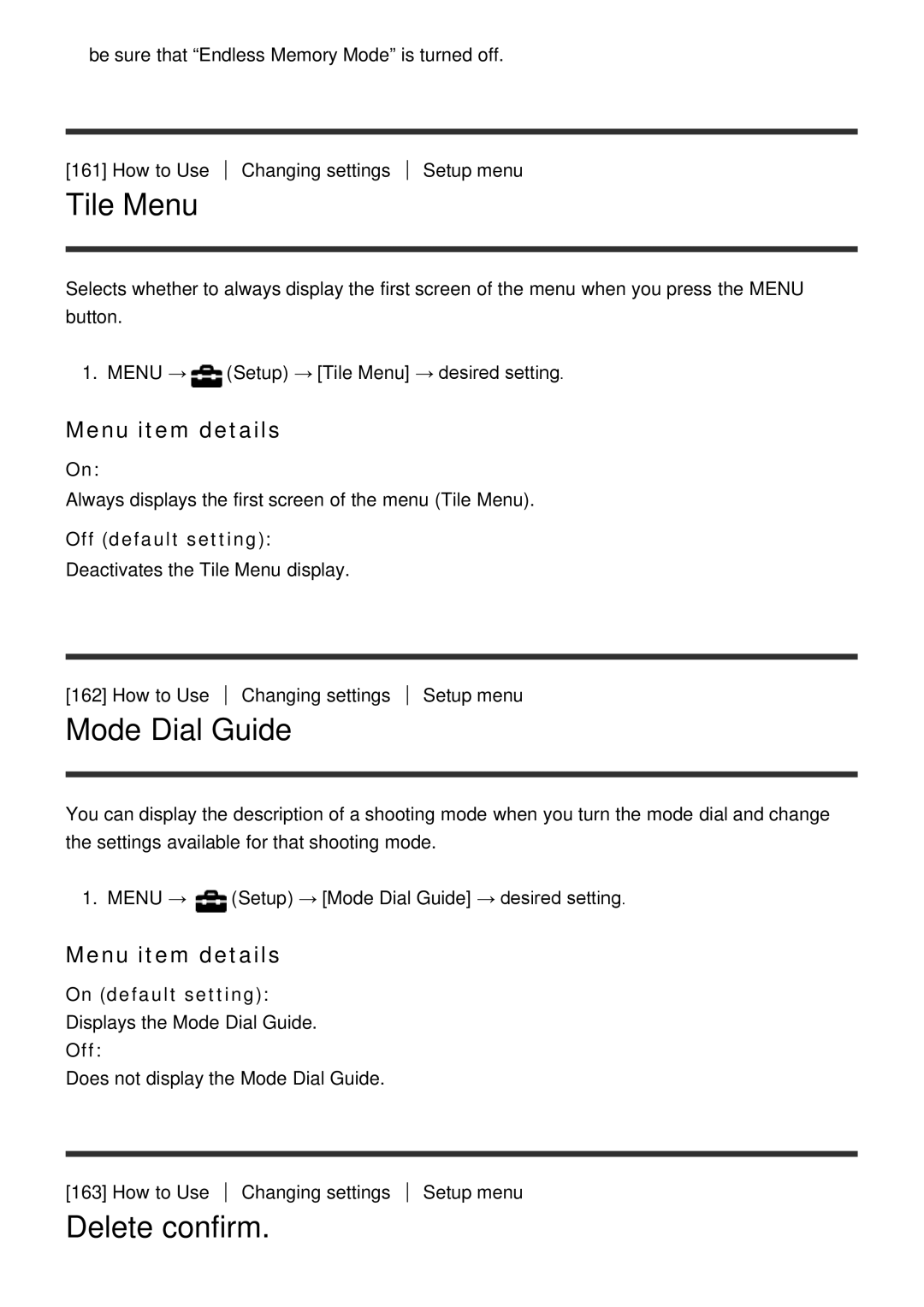 Sony ILCE6000LB, ILCE6000B manual Tile Menu, Mode Dial Guide, Delete confirm 