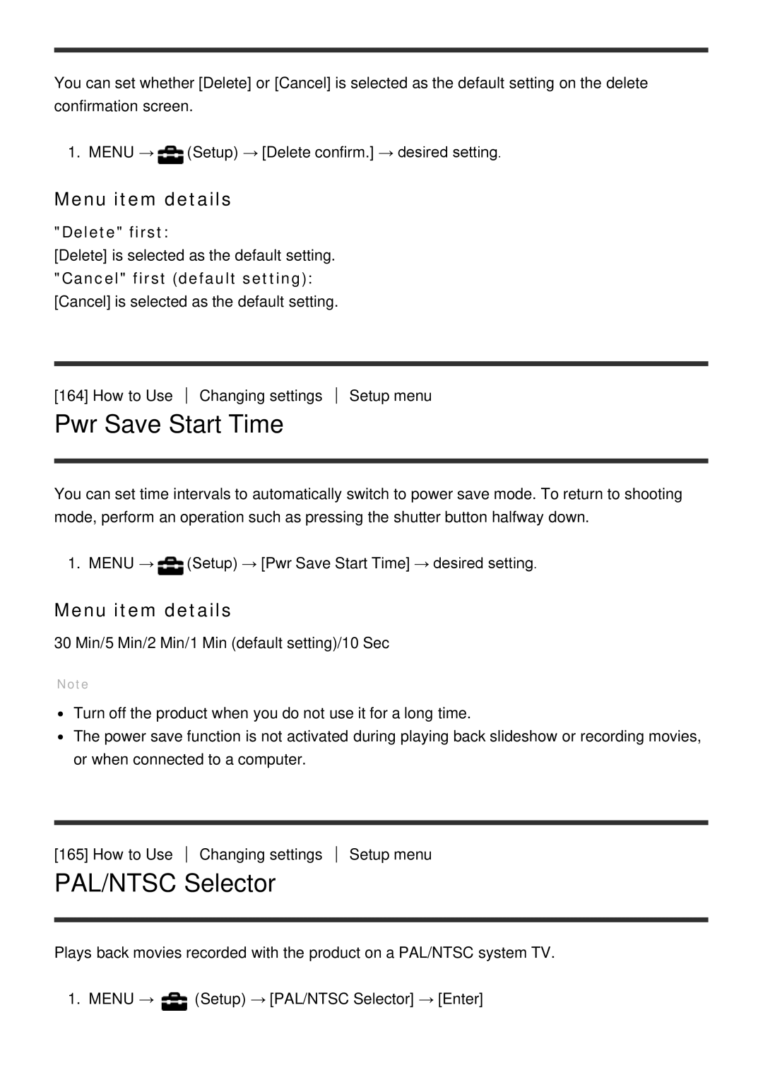 Sony ILCE6000B, ILCE6000LB manual Pwr Save Start Time, PAL/NTSC Selector, Delete first 