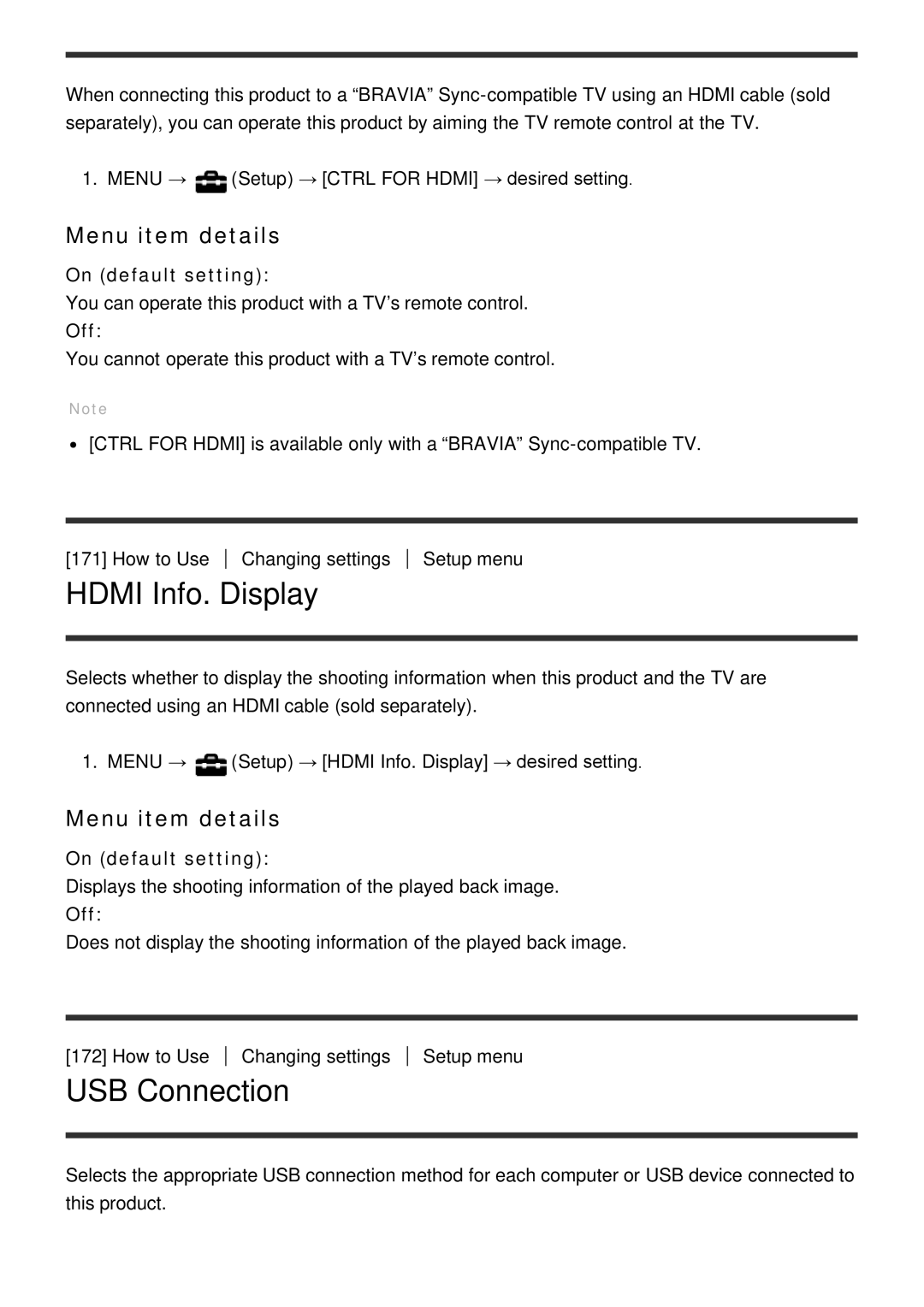 Sony ILCE6000B, ILCE6000LB manual Hdmi Info. Display, USB Connection 