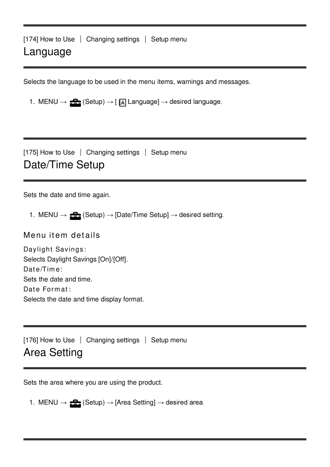 Sony ILCE6000B, ILCE6000LB manual Language, Date/Time Setup, Area Setting 