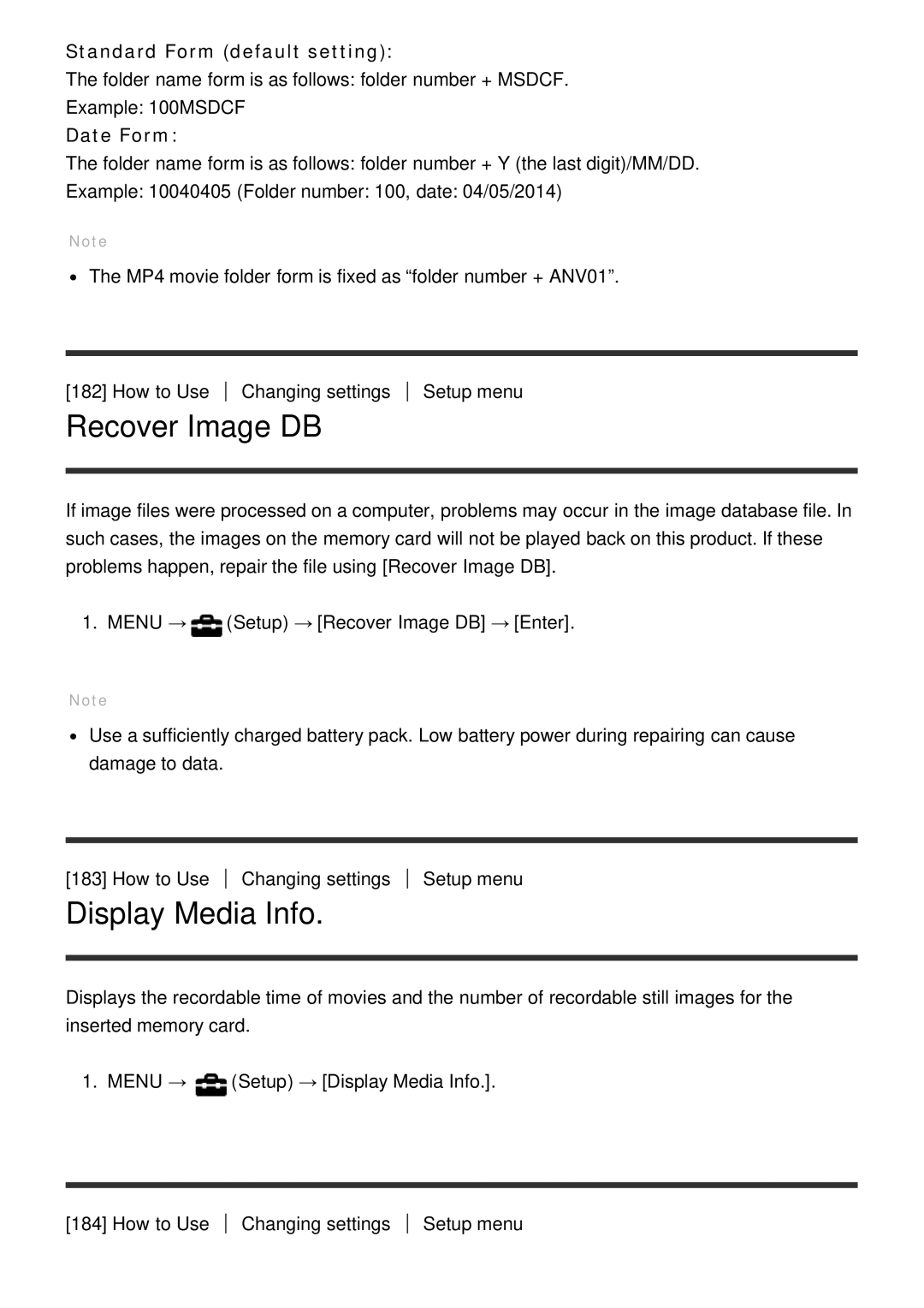 Sony ILCE6000LB, ILCE6000B manual Recover Image DB, Display Media Info, Standard Form default setting, Date Form 