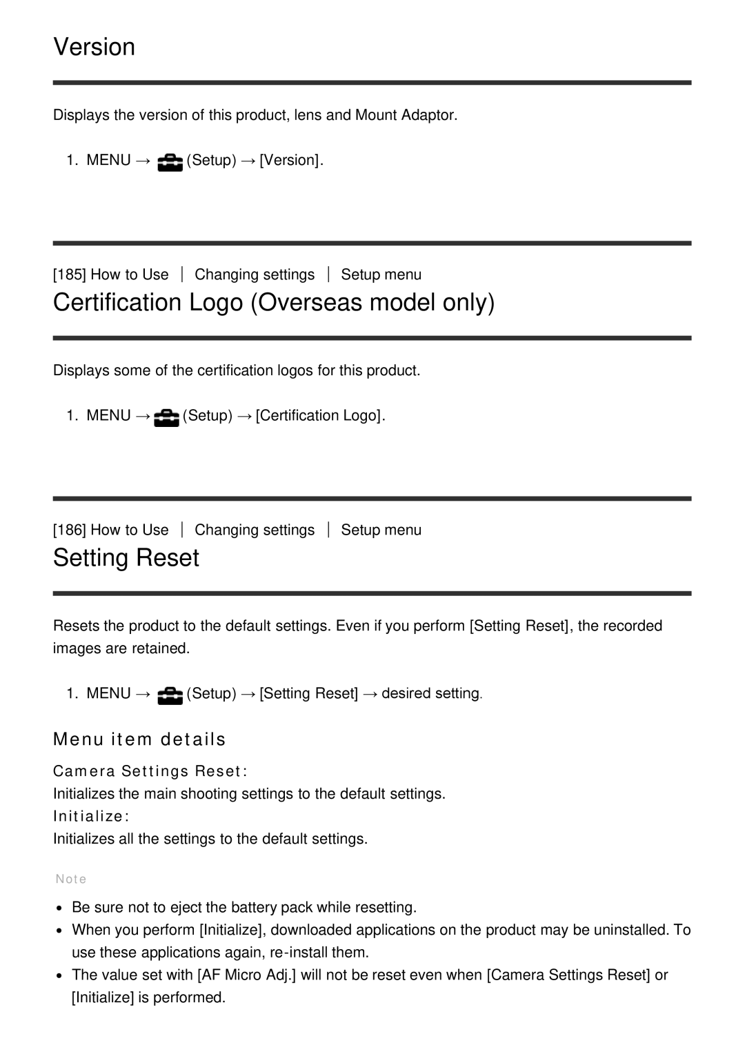 Sony ILCE6000B manual Version, Certification Logo Overseas model only, Setting Reset, Camera Settings Reset, Initialize 