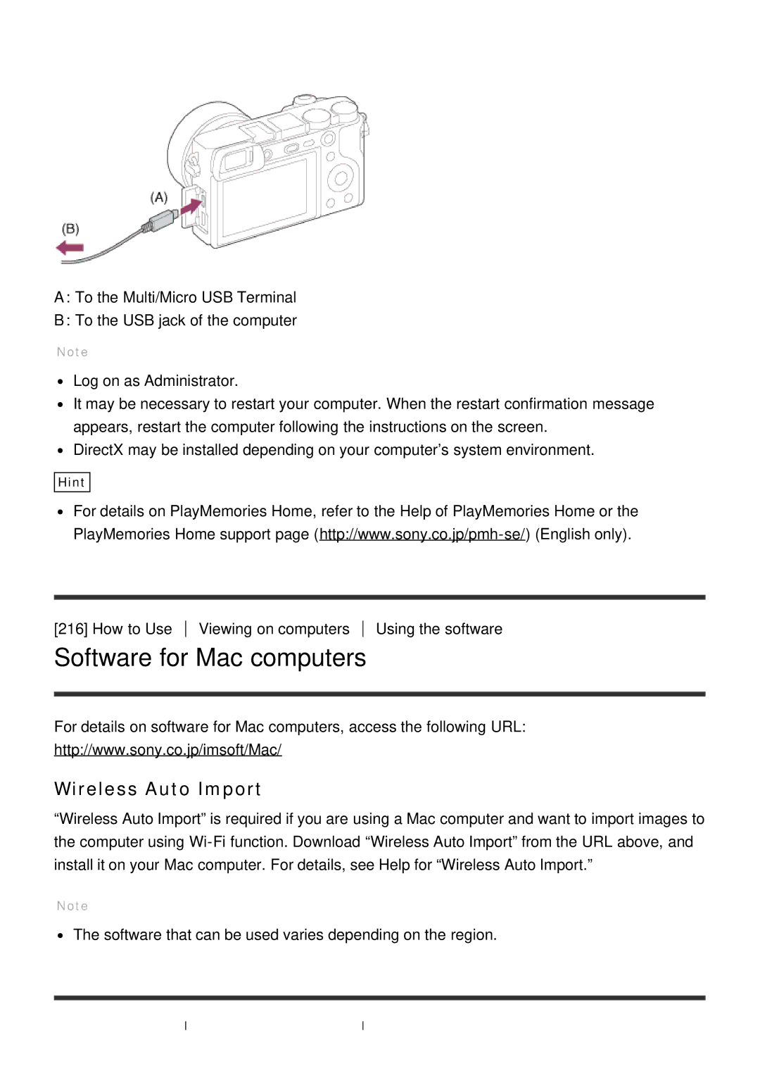 Sony ILCE6000B, ILCE6000LB manual Software for Mac computers, Wireless Auto Import 