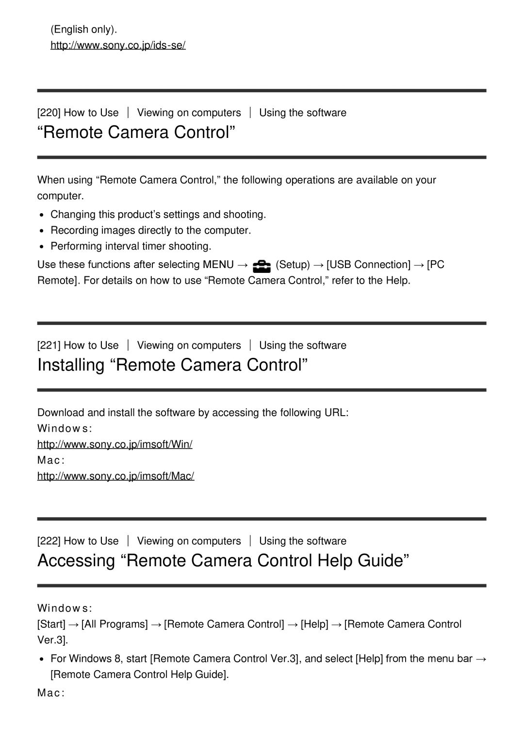 Sony ILCE6000B, ILCE6000LB Installing Remote Camera Control, Accessing Remote Camera Control Help Guide, Windows Mac 