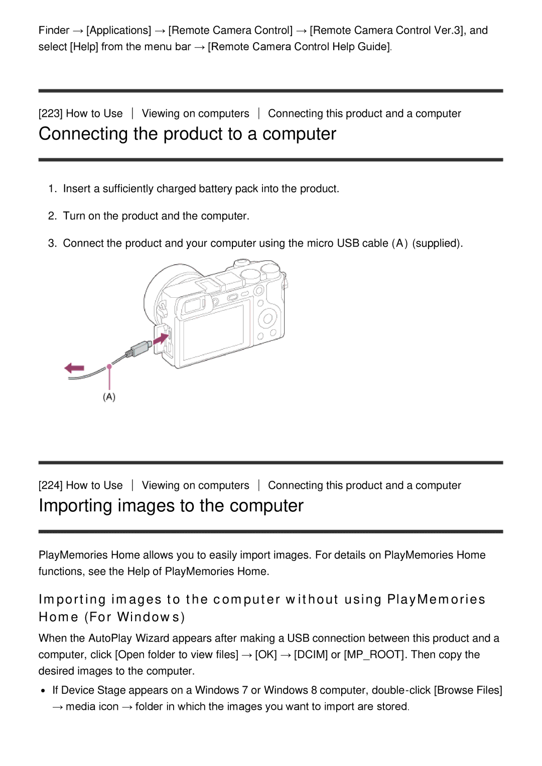 Sony ILCE6000LB, ILCE6000B manual Connecting the product to a computer, Importing images to the computer 