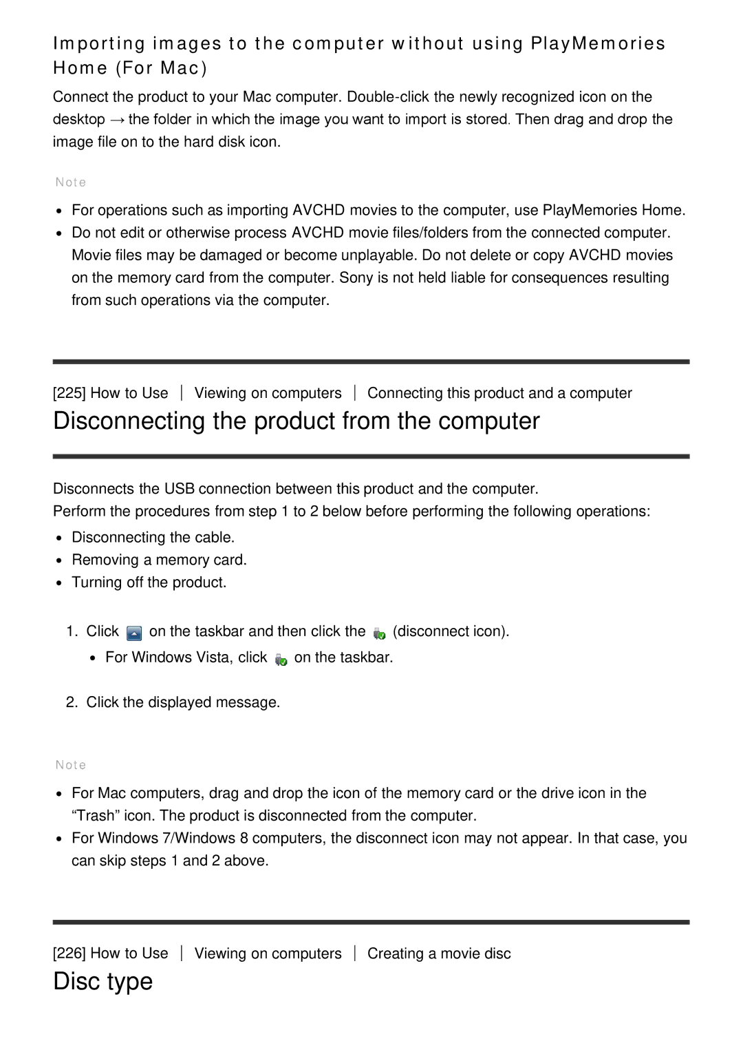 Sony ILCE6000B, ILCE6000LB manual Disconnecting the product from the computer, Disc type 