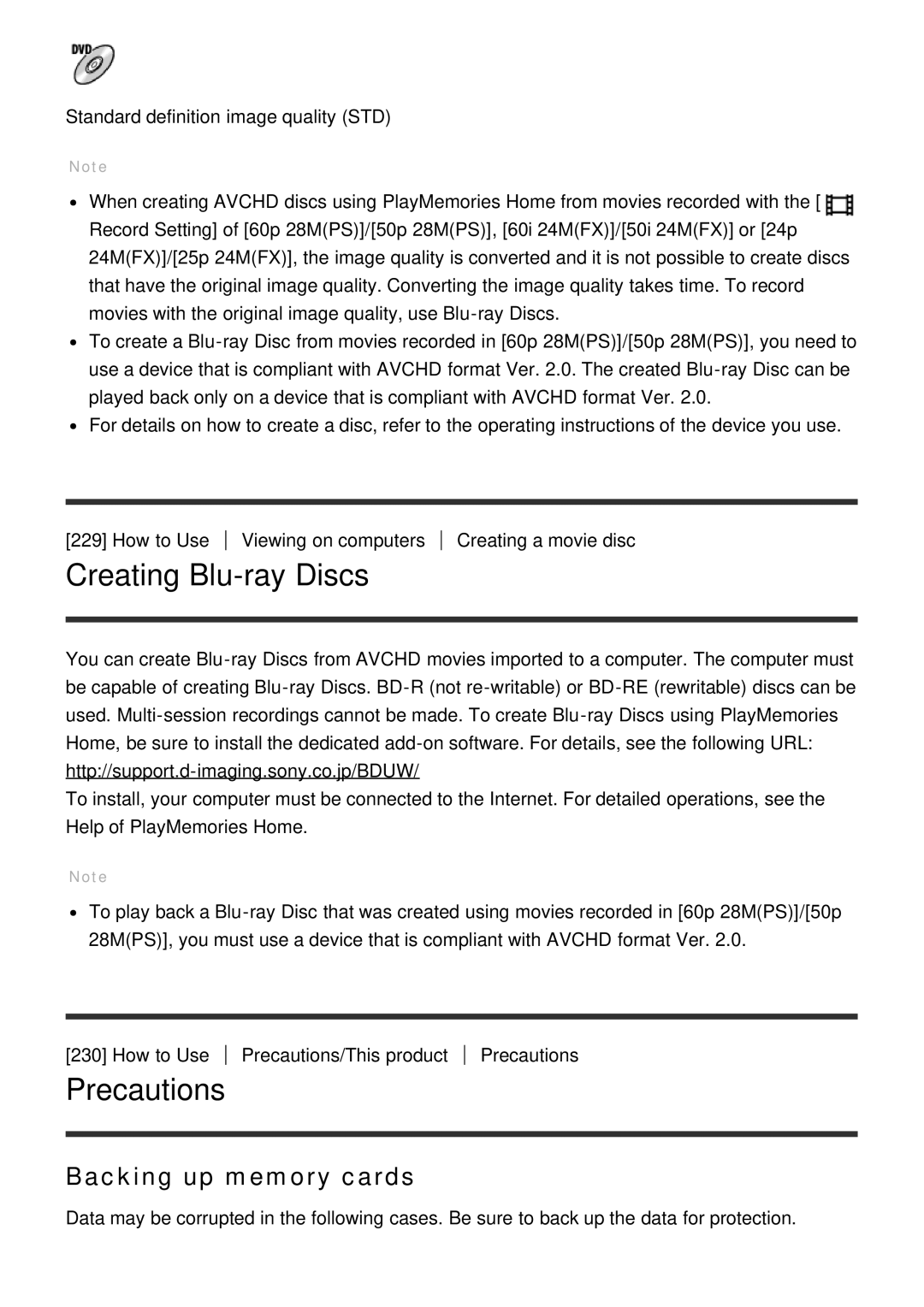 Sony ILCE6000LB, ILCE6000B manual Creating Blu-ray Discs, Precautions, Backing up memory cards 