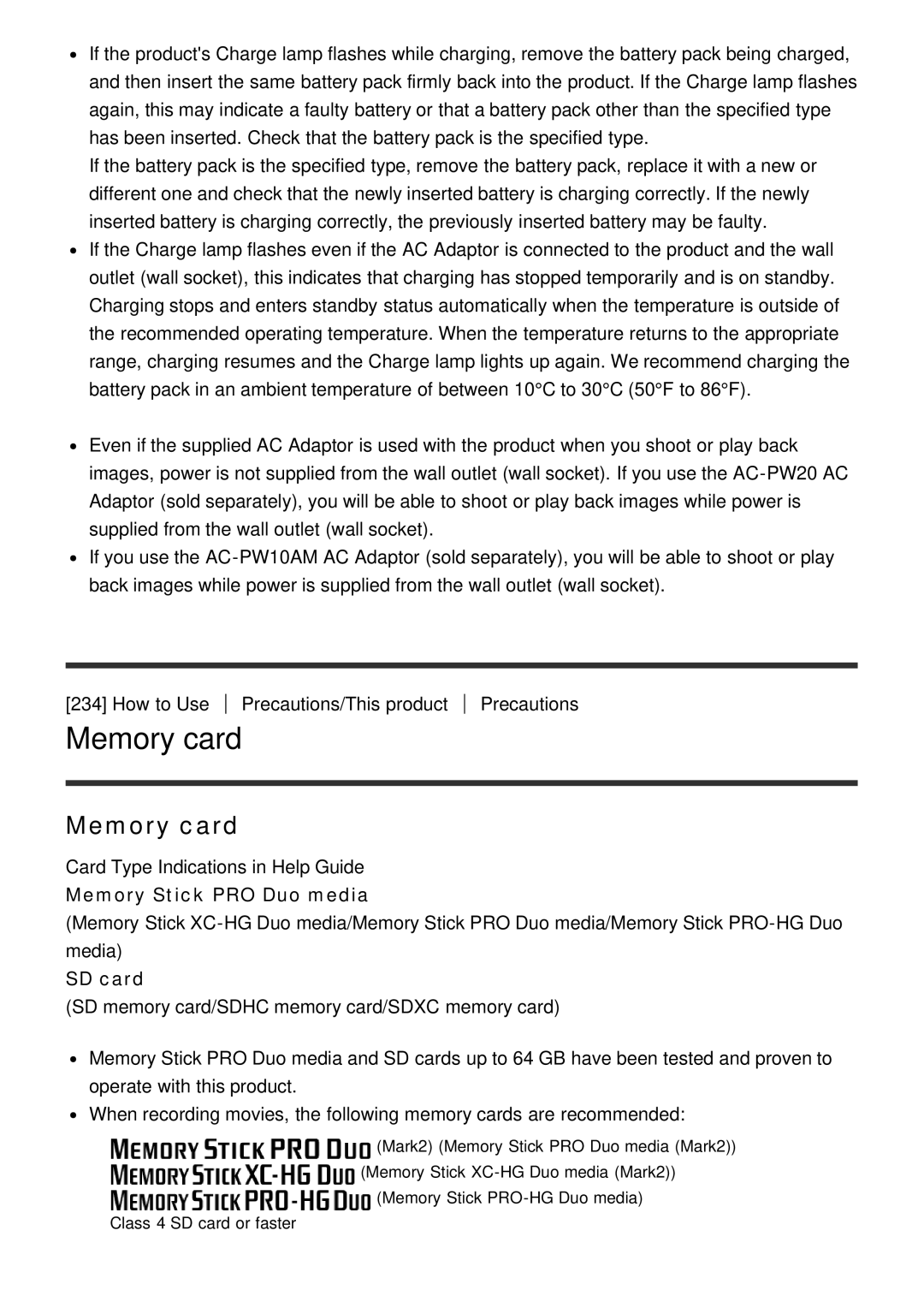 Sony ILCE6000LB, ILCE6000B manual Memory card, Memory Stick PRO Duo media, SD card 