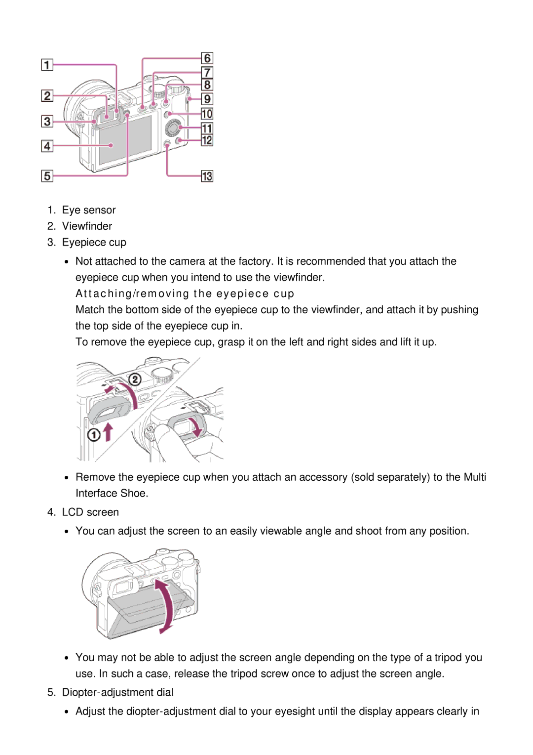 Sony ILCE6000LB, ILCE6000B manual Attaching/removing the eyepiece cup 