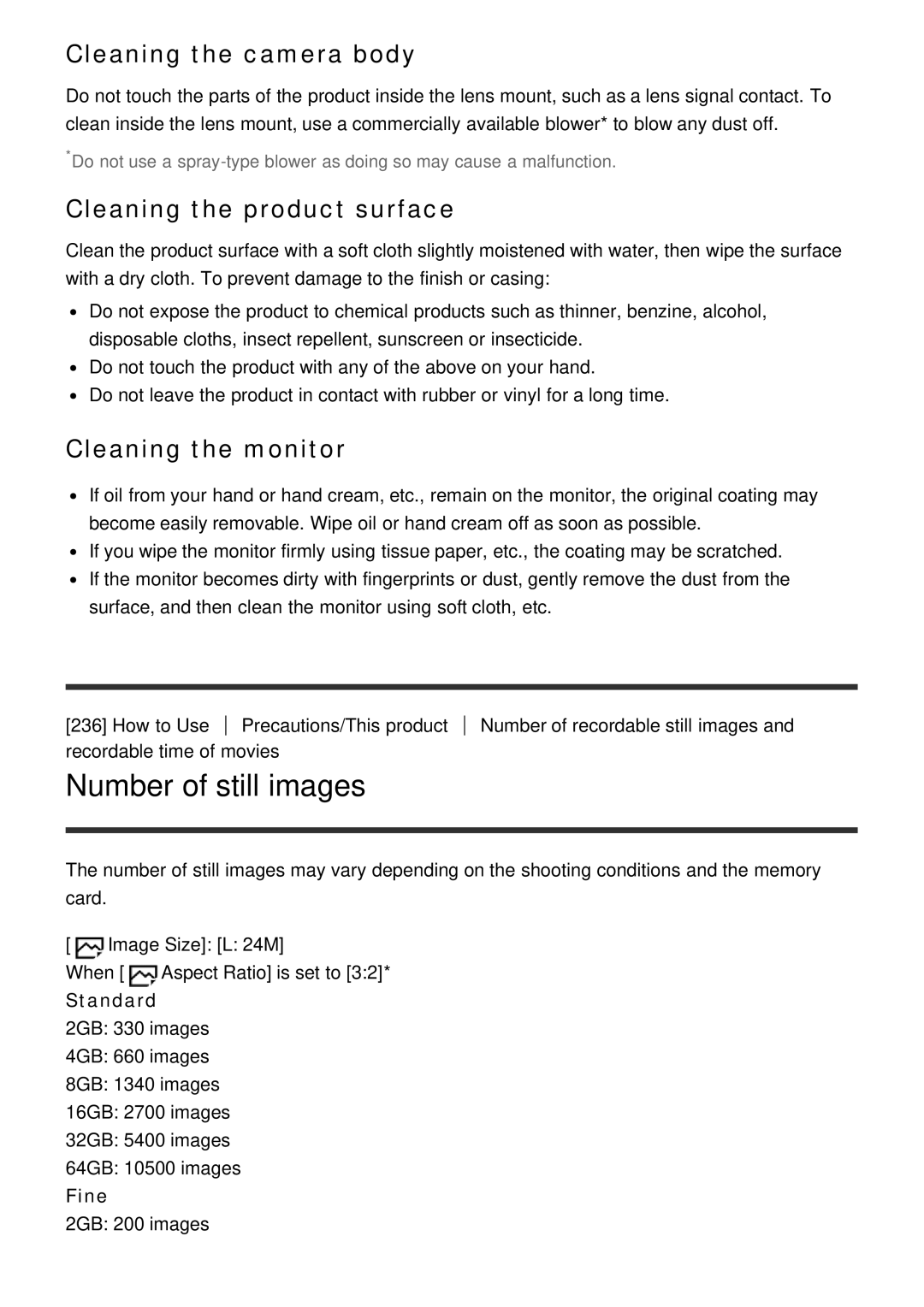 Sony ILCE6000B manual Number of still images, Cleaning the camera body, Cleaning the product surface, Cleaning the monitor 