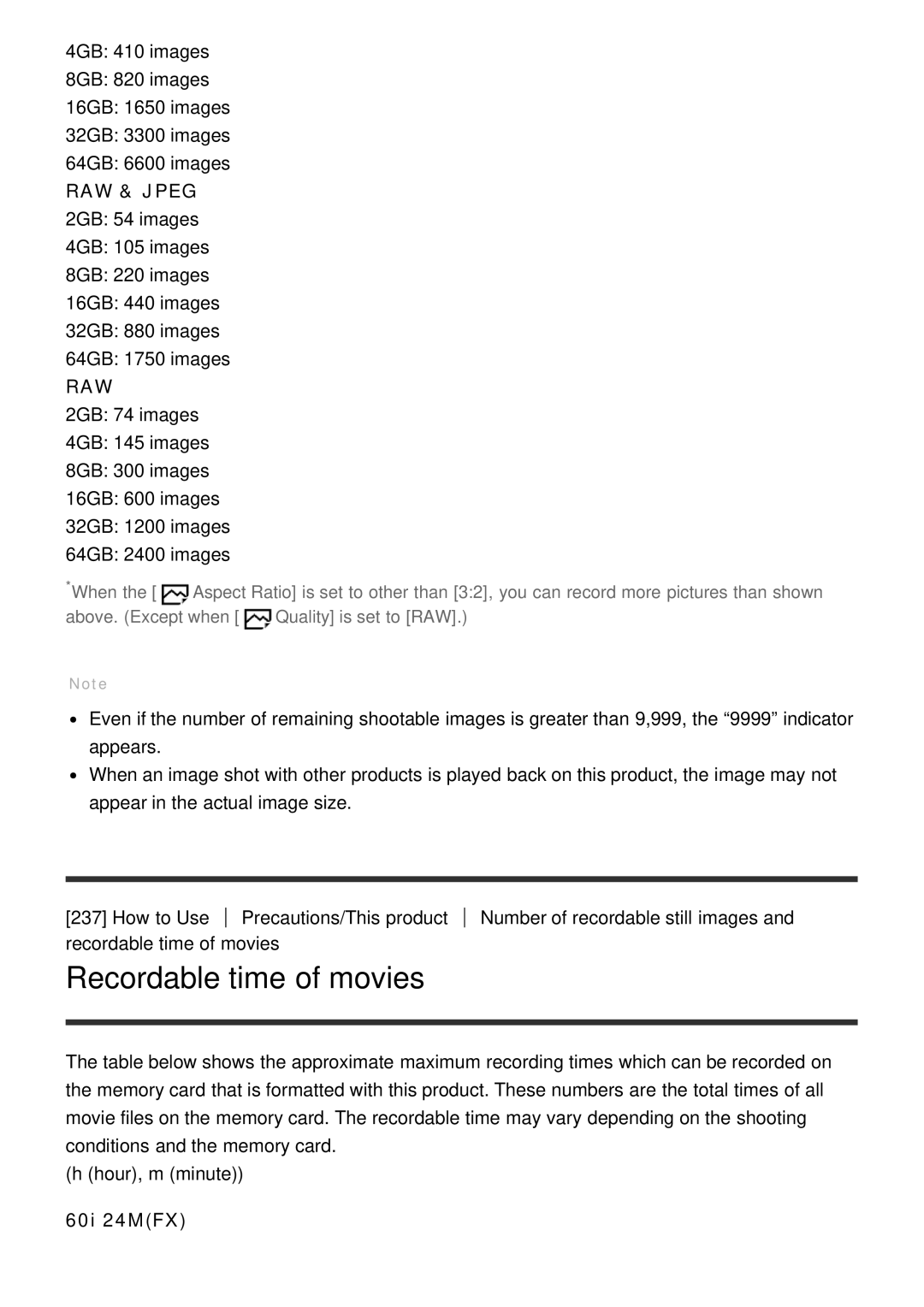 Sony ILCE6000LB, ILCE6000B manual Recordable time of movies, 60i 24MFX 