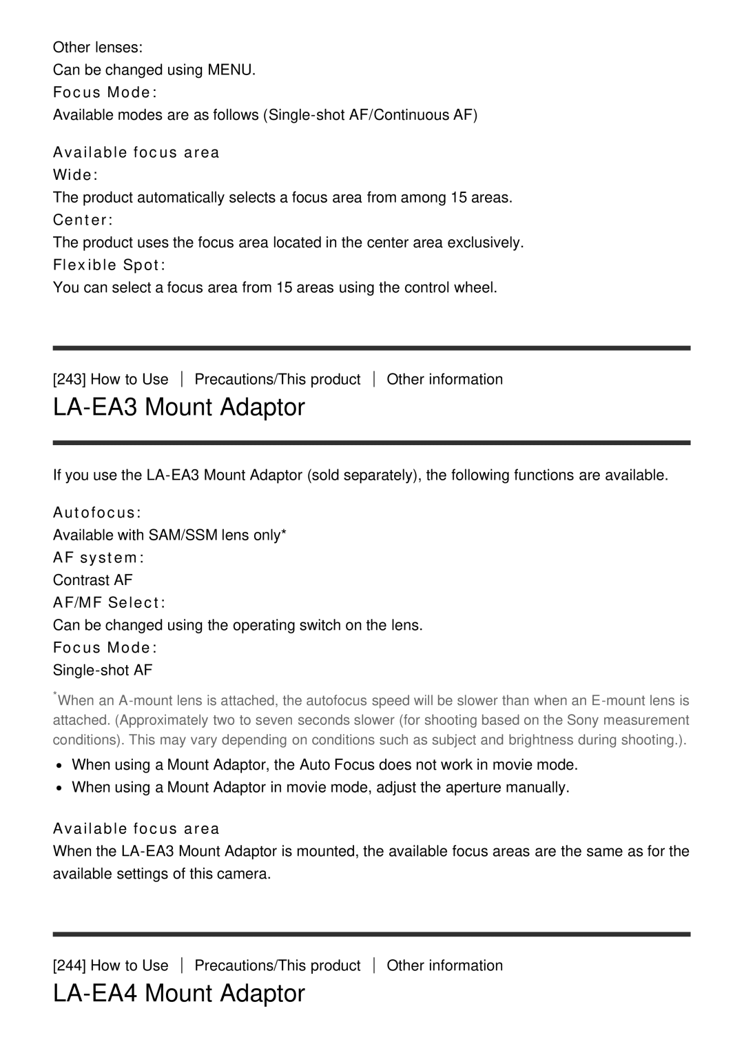 Sony ILCE6000B, ILCE6000LB manual LA-EA3 Mount Adaptor, LA-EA4 Mount Adaptor, Available focus area Wide 