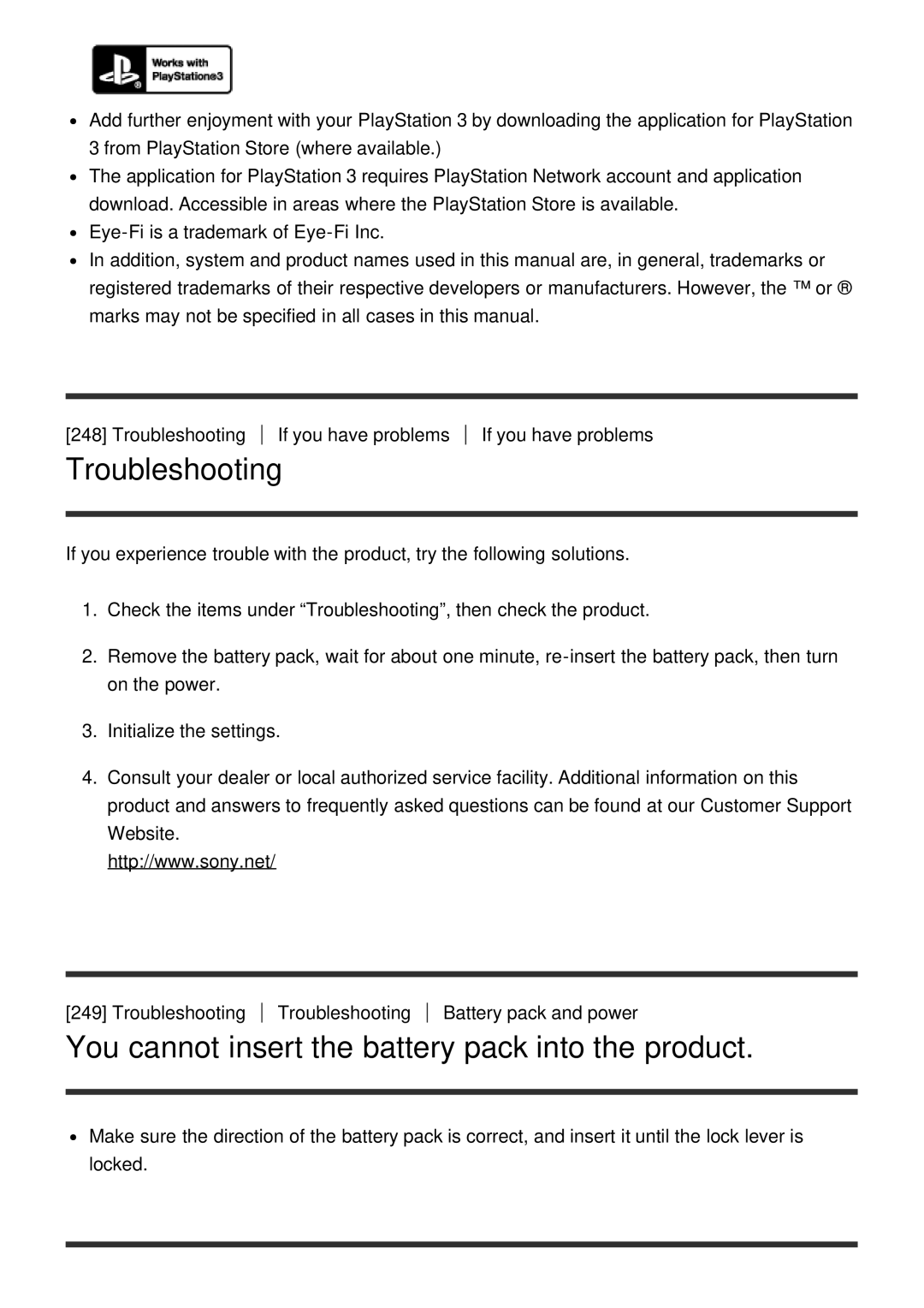 Sony ILCE6000B, ILCE6000LB manual Troubleshooting, You cannot insert the battery pack into the product 